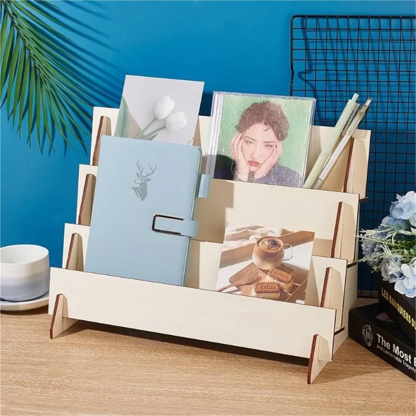 Expositor De Tarjetas De Felicitación Soporte de exhibición de tarjetas de felicitación de 3 niveles, soporte de exhibición de pegatinas de madera, elevadores de exhibición de pegatinas de madera, org
