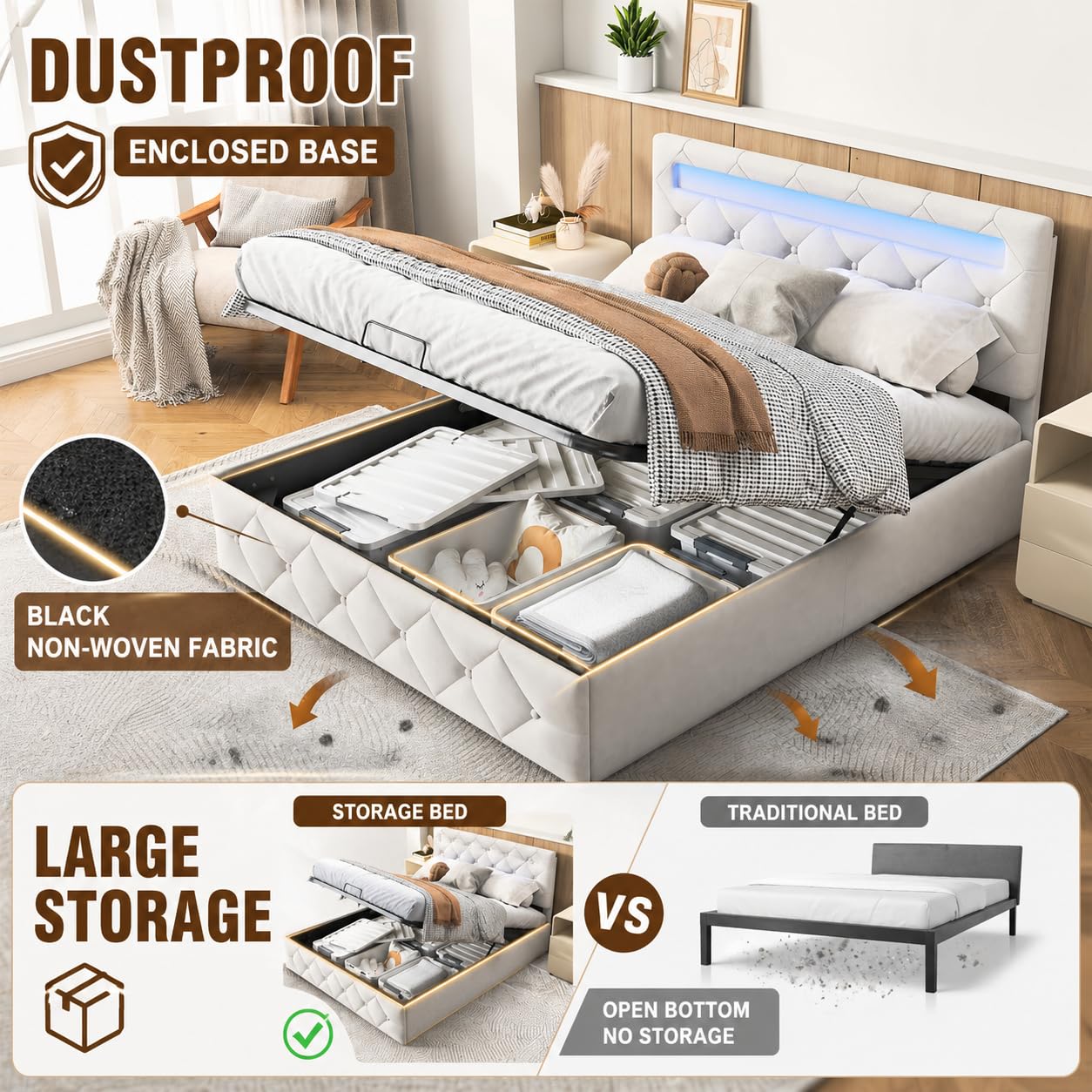 BRILVERDE Letto imbottito 160x200 con Contenitore idraulico, letto matrimoniale con LED, funzionale con testiera, struttura letto con rete a doghe, Velluto (Beige, 160 x 200 cm)
