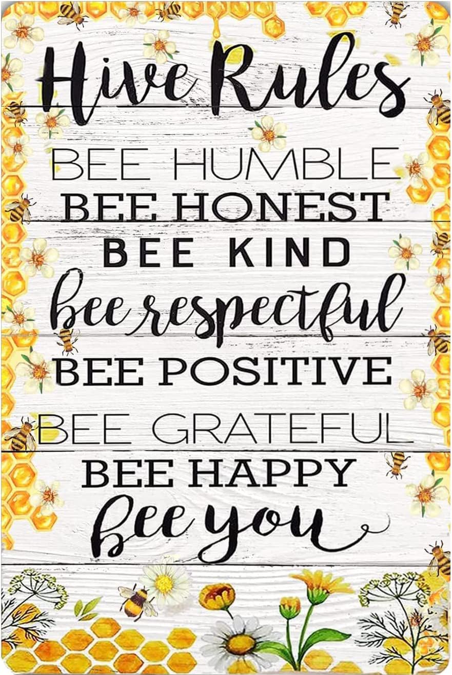 VeeLVeeHive Rules Bee Humble Bee Honest Bee Kind Tin Vintage Look 8X12 Inch Decoration Crafts Sign for Home Kitchen Bathroom Farm Garden Garage Inspirational Quotes Wall Decor