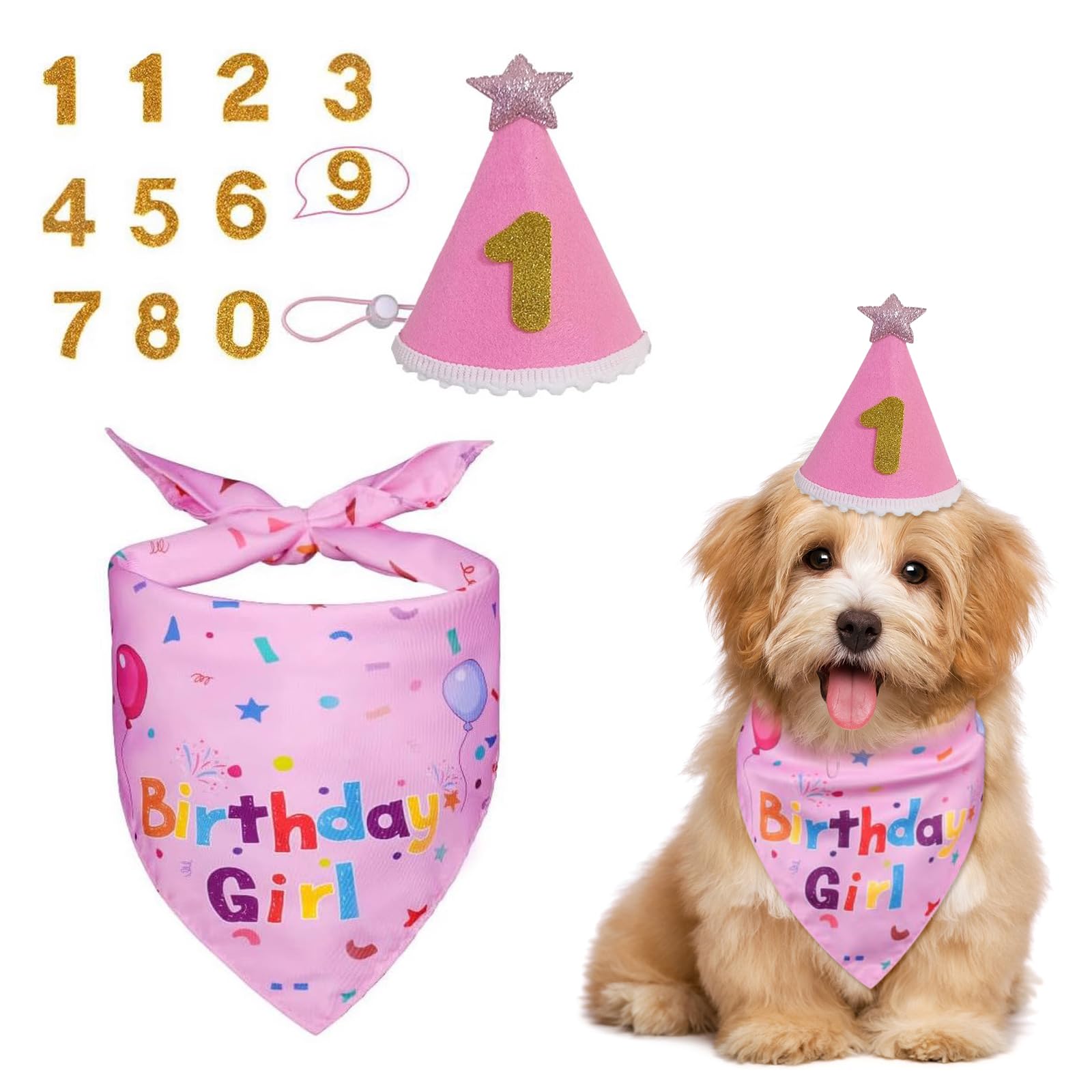 LEBKFT Adjustable Dog Birthday Hat and Bandana Set, Reusable Puppy Cat Party Accessories & Celebration Decor with Glitter Numbers Give It along with The Birthday Cake as Gift for Beloved Pet (Pink)