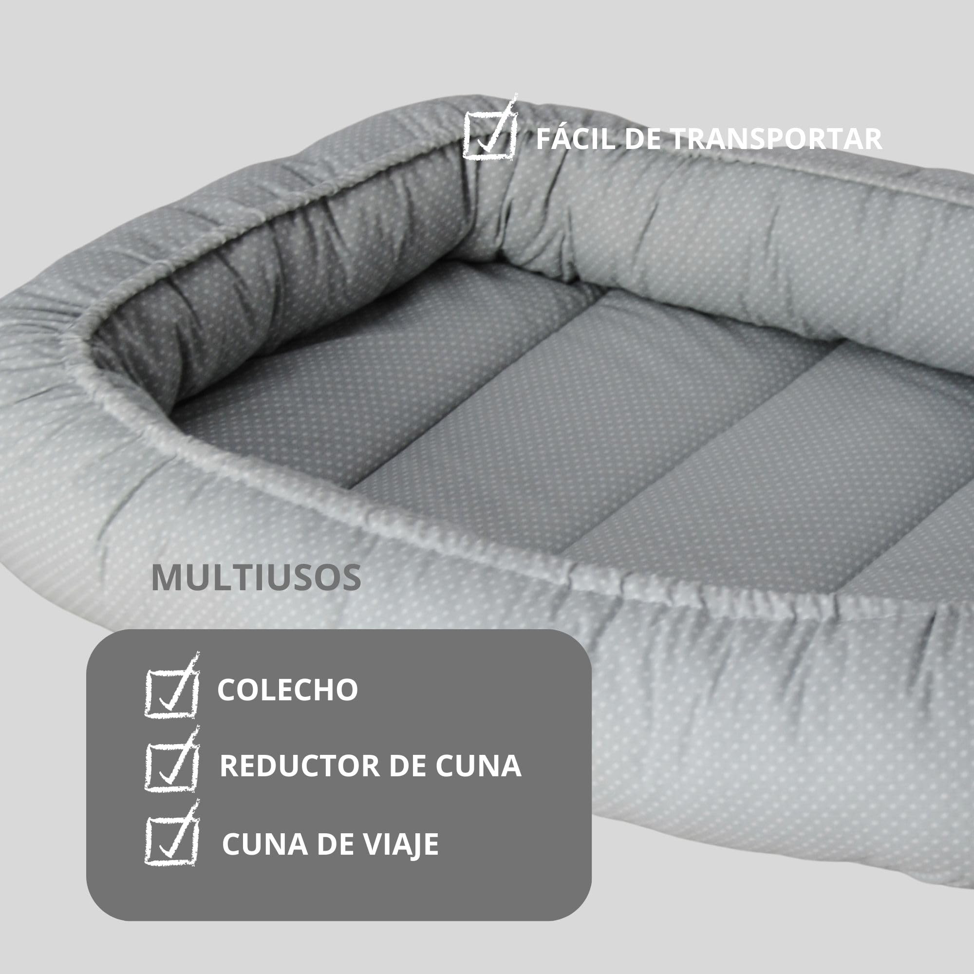 Nido Bebé 0-7 Meses 100% Algodón Certificado OEKO-TEX, Reductor de Cuna y Cuna de Viaje - Nido Bebé Acolchado y Mullido, Ideal para Colecho y con Lazo Ajustable 100% Made in Spain (Gris)
