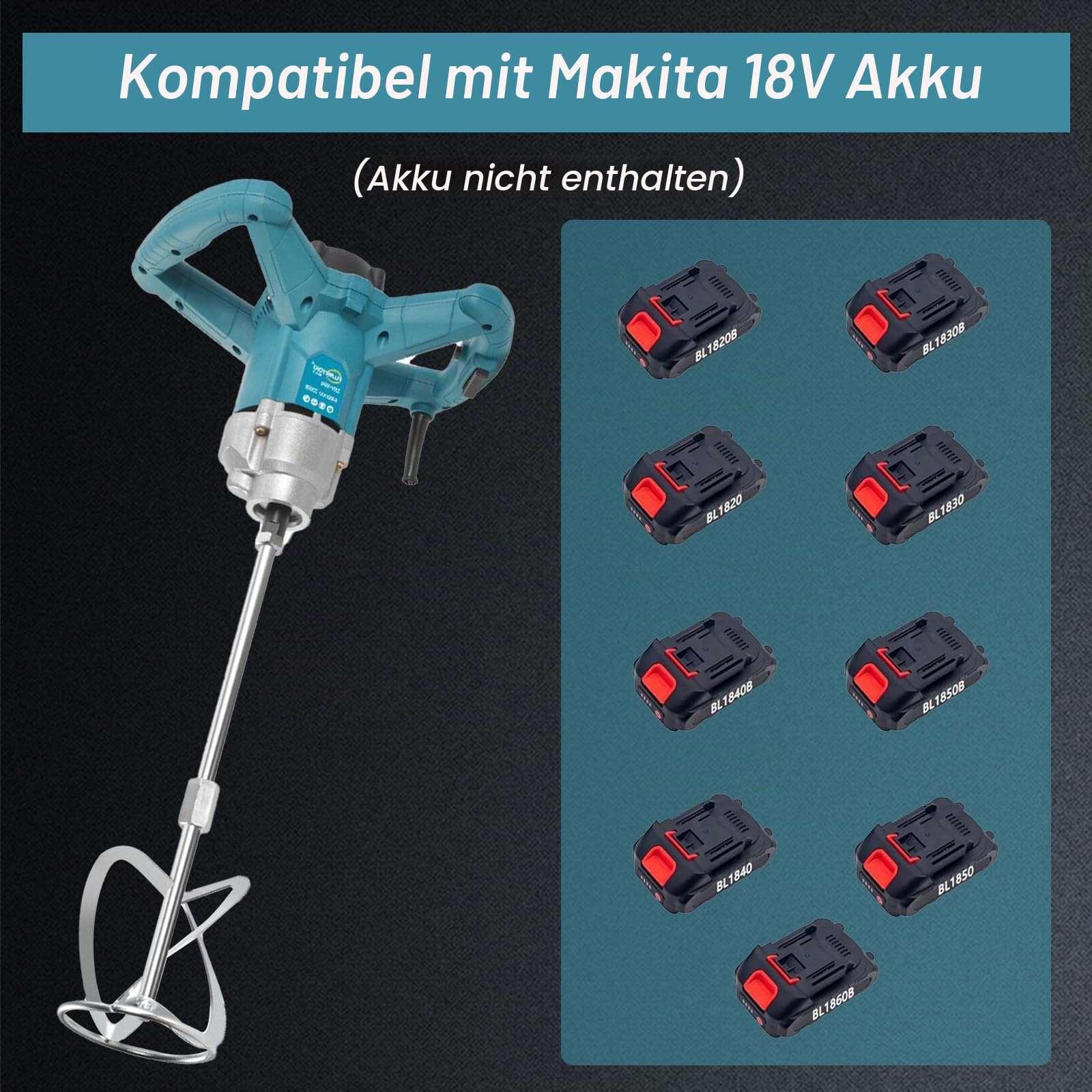 Akku Farbmörtelrührer Kompatibel mit Makita 18V Batterie,Elektrischer Mörtelrührer mit 6 Geschwindigkeiten,3200W Rührwerk max 1200r/min,Mörtelrührer für Zement,Beton und Farbe(ohne Akku)