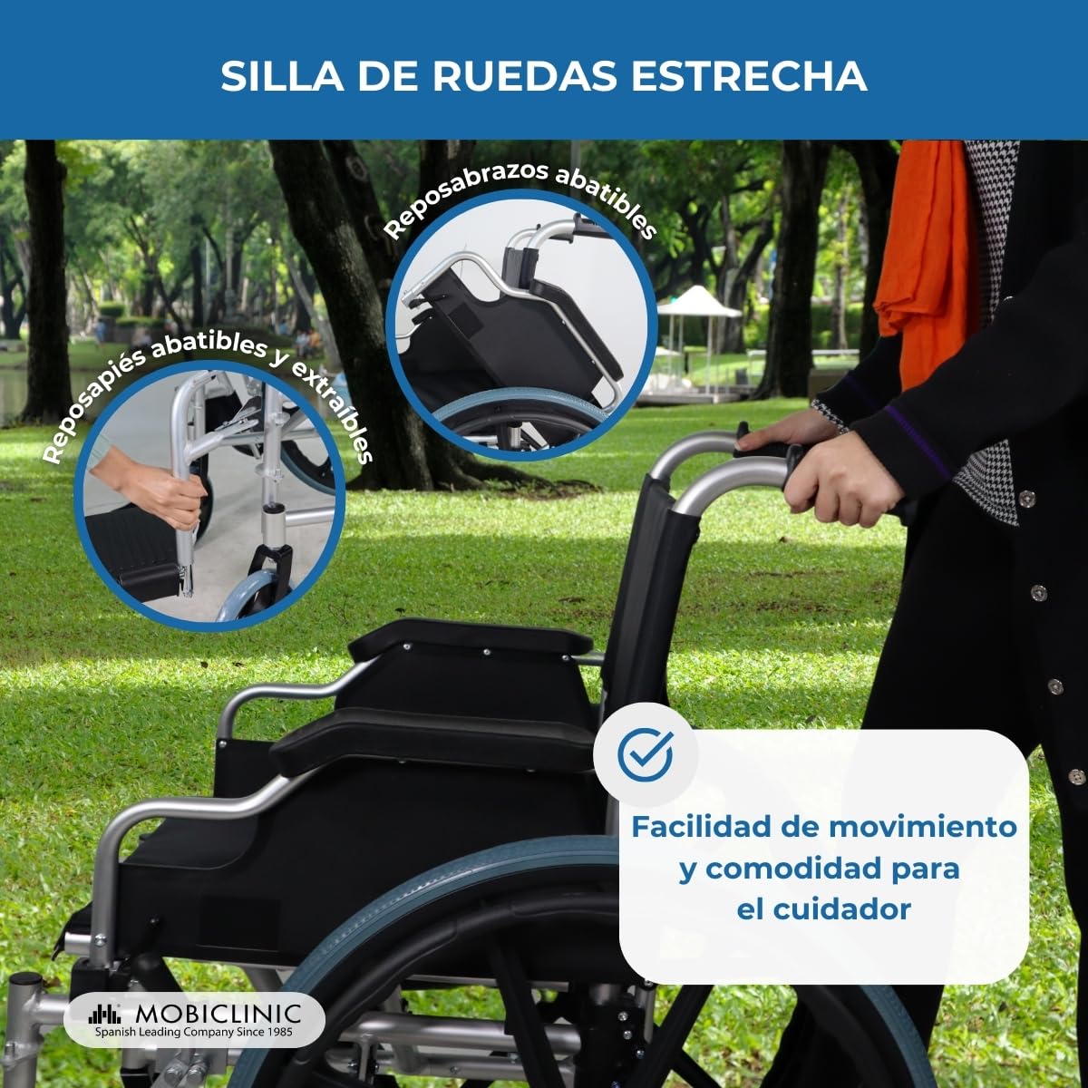 Mobiclinic®, Silla de ruedas, Plegable, Ligera, Sistema subebordillos, Freno estacionamiento, Modelo ópera, Aluminio, Macizas, Reposabrazos abatibles, Reposapiés extraíbles, Ergonómica