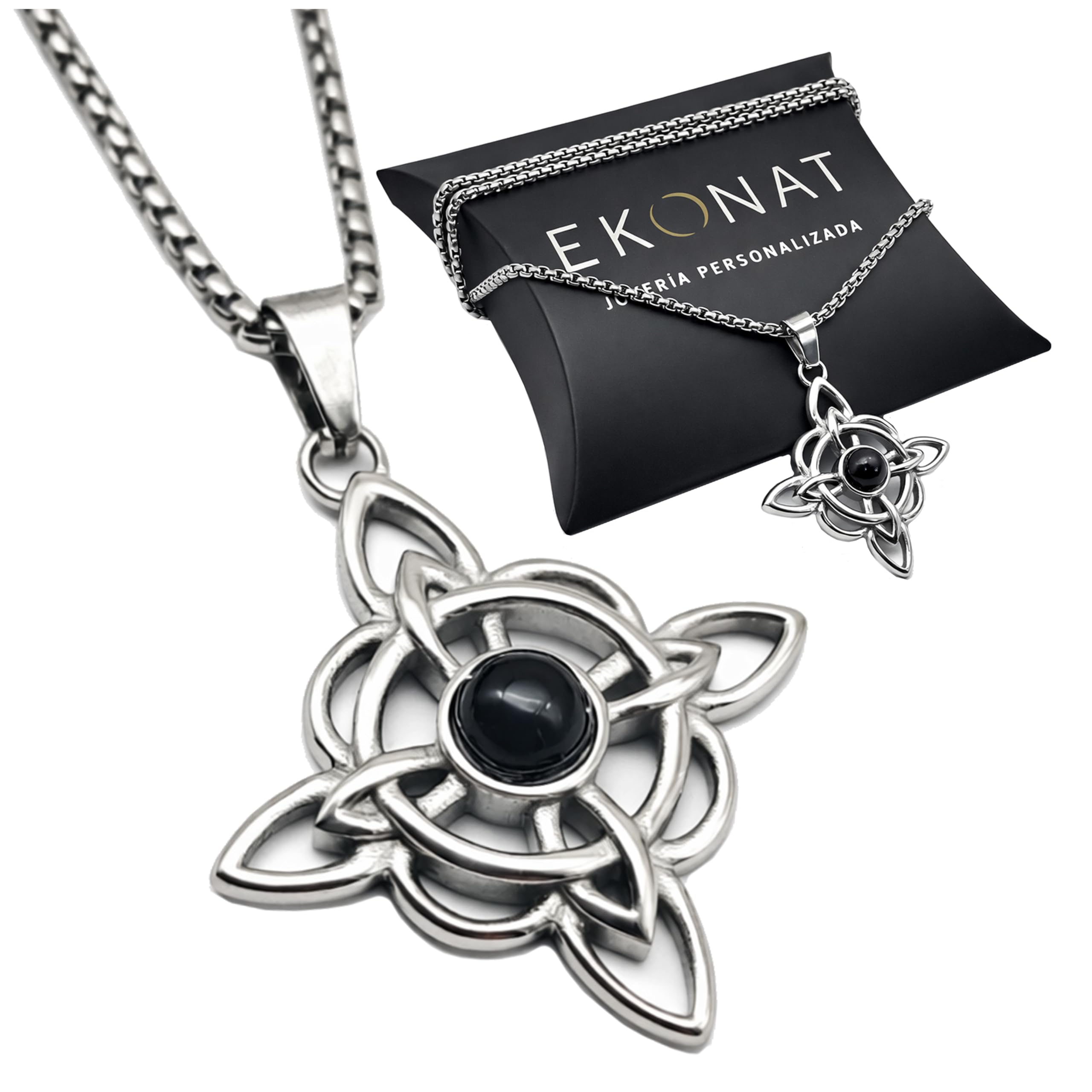 Ekonat-Nudo de bruja con ágata negra- amuletos de la suerte y proteccion- colgantes nudo de bruja - amuleto protector- tamaño 30 mm cadena acero 55 cm