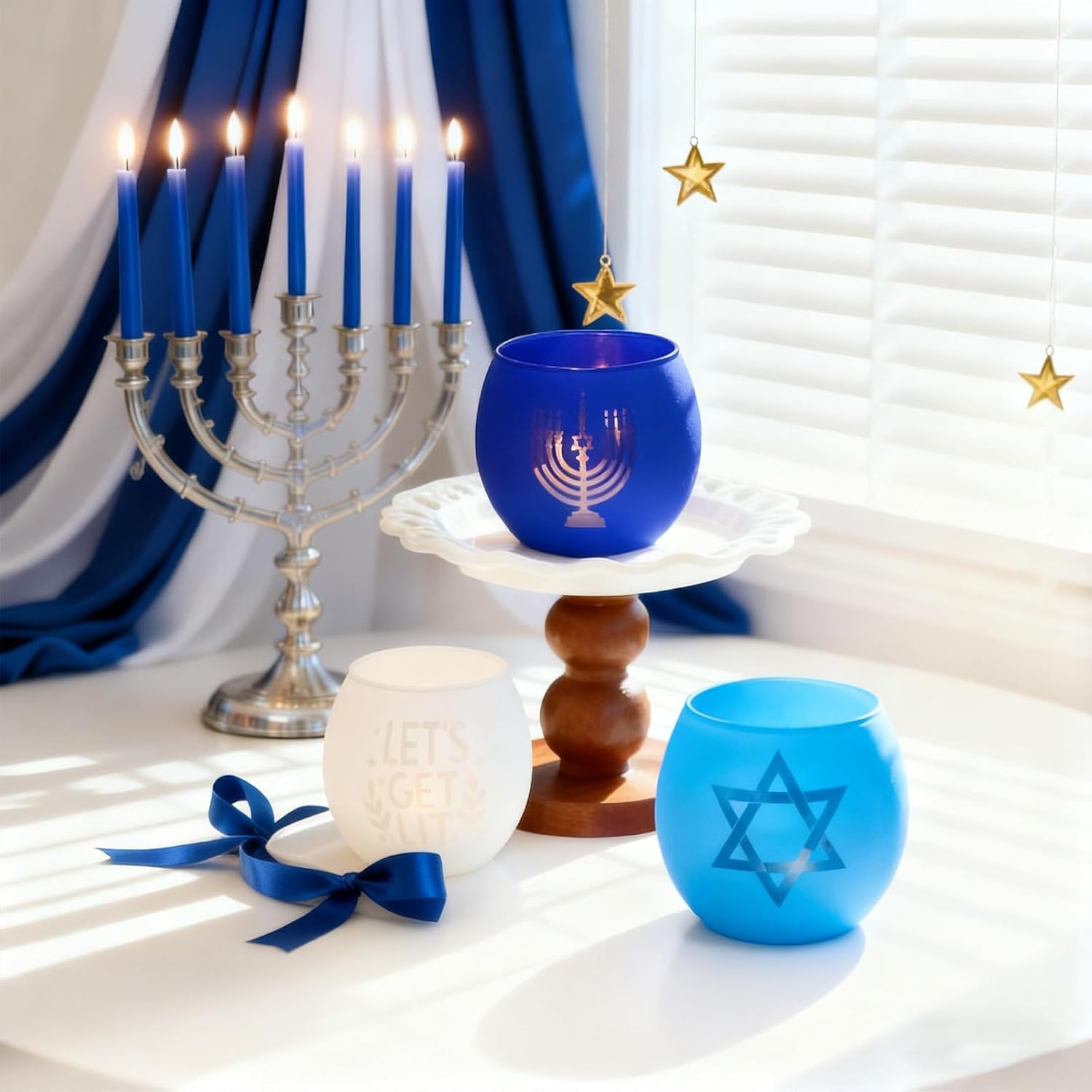 Hanukkah Decorations Indoor 6 PCS Tealight Votive Candle Holders with Menorah, Star of David for Jewish Holiday Decor - Blue and White Hanukkah Gifts & Table Decor