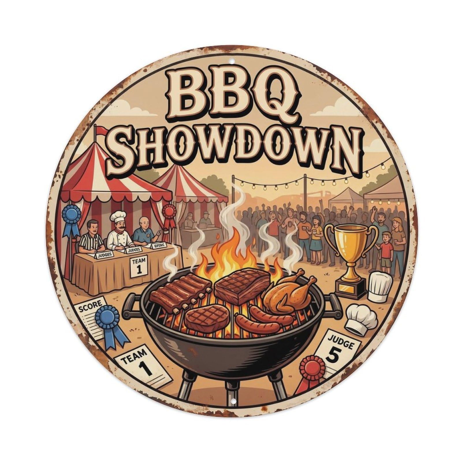 Yrnq Vintage Style-23 Vintage Bbq Barbecue Showdown Artwork Metal Tin Sign Plaque Wall Decor For Cafe, Club, Garden Round Metal Poster 8X8inch