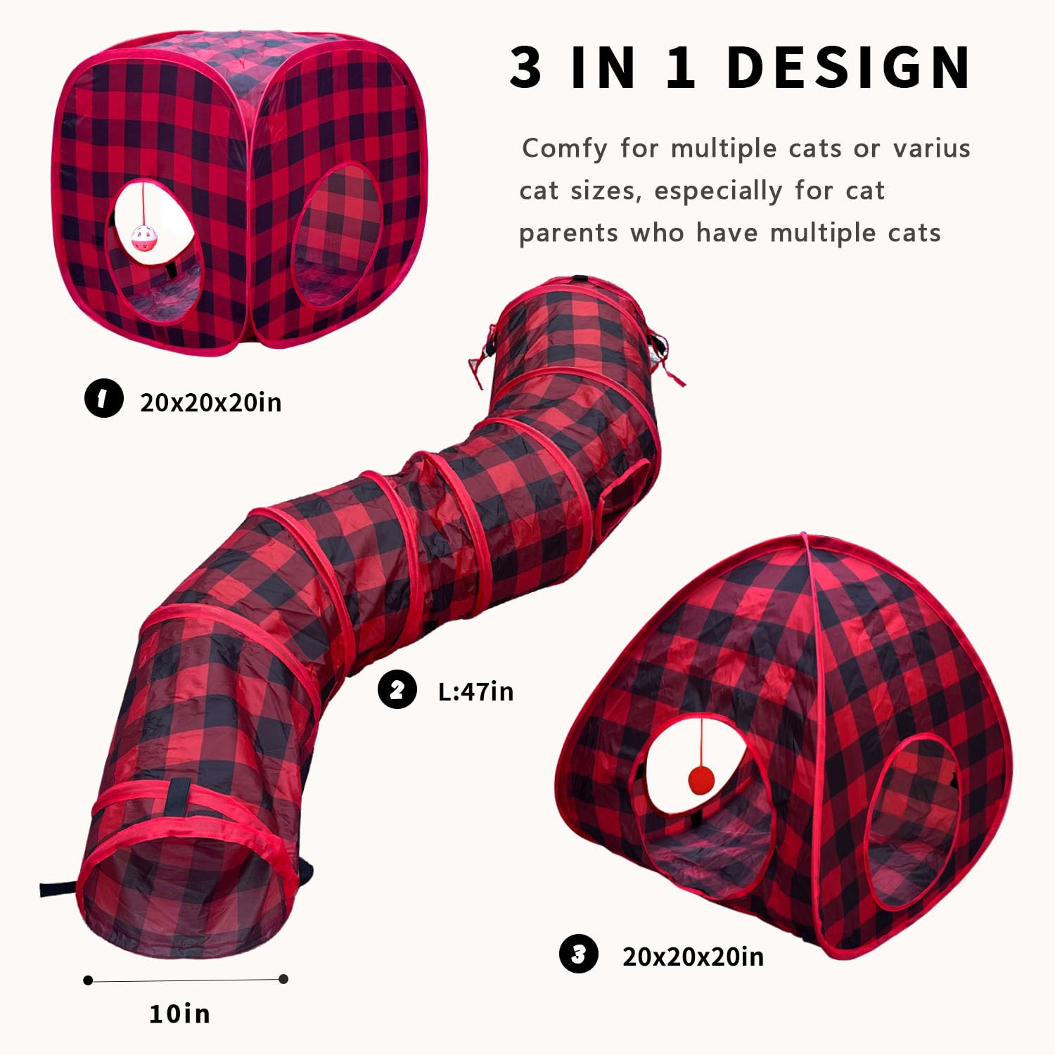 GONPETGP Cat Tunnels for Indoor Cats with Cube Tent Toys Combo, Pop Up Collapsible Crinkle Interactive Peek Hole, Cat Tube with Play Ball and Bell for Kitten, Puppy, Kitty, Rabbit - Set of 3