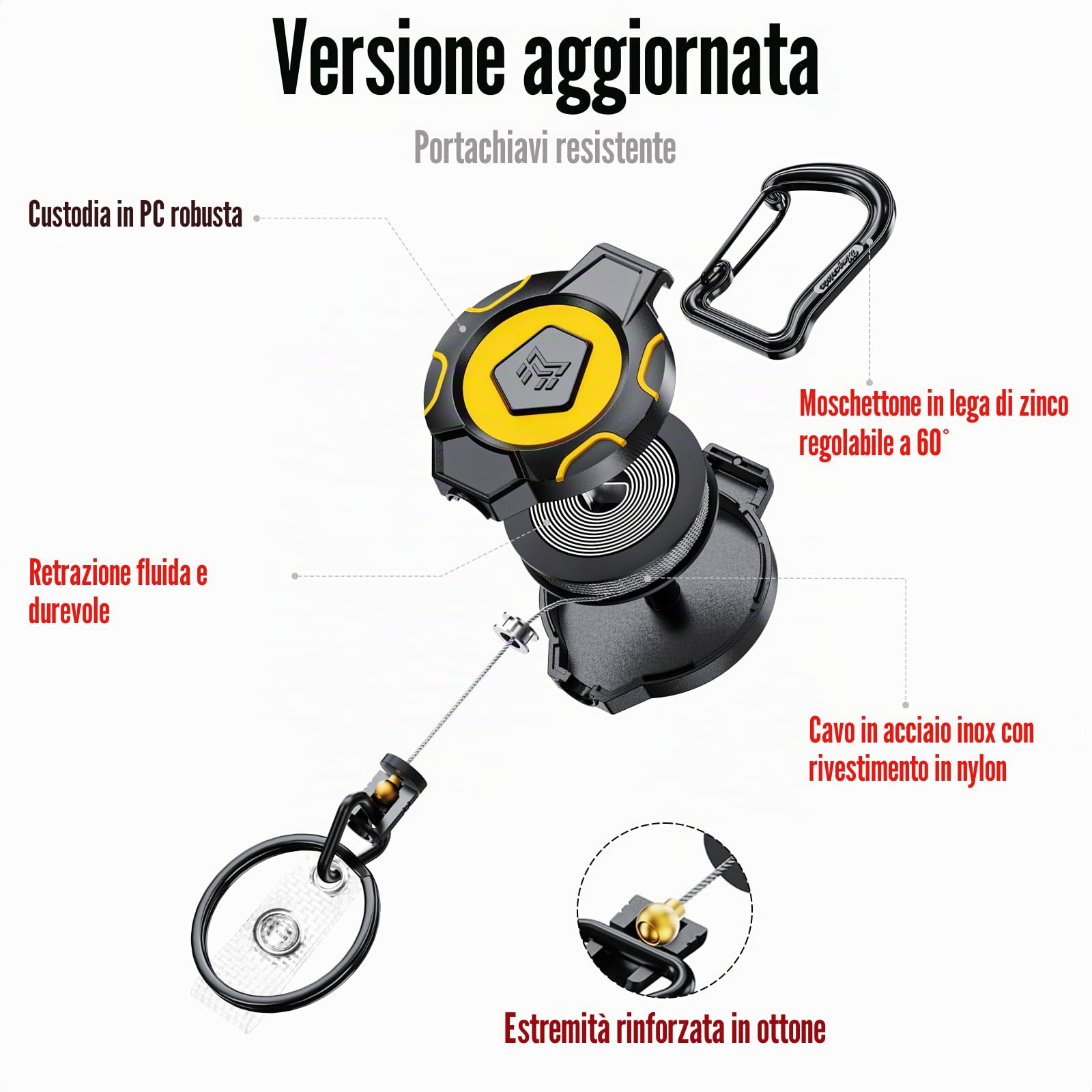 MNGARISTA Portachiavi retrattile aggiornato, 283,5 g di ritrazione, 80 cm di cavo in acciaio inox, portabadge a moschettone per impieghi gravosi, con cinturino per badge e portachiavi, 2 pz.