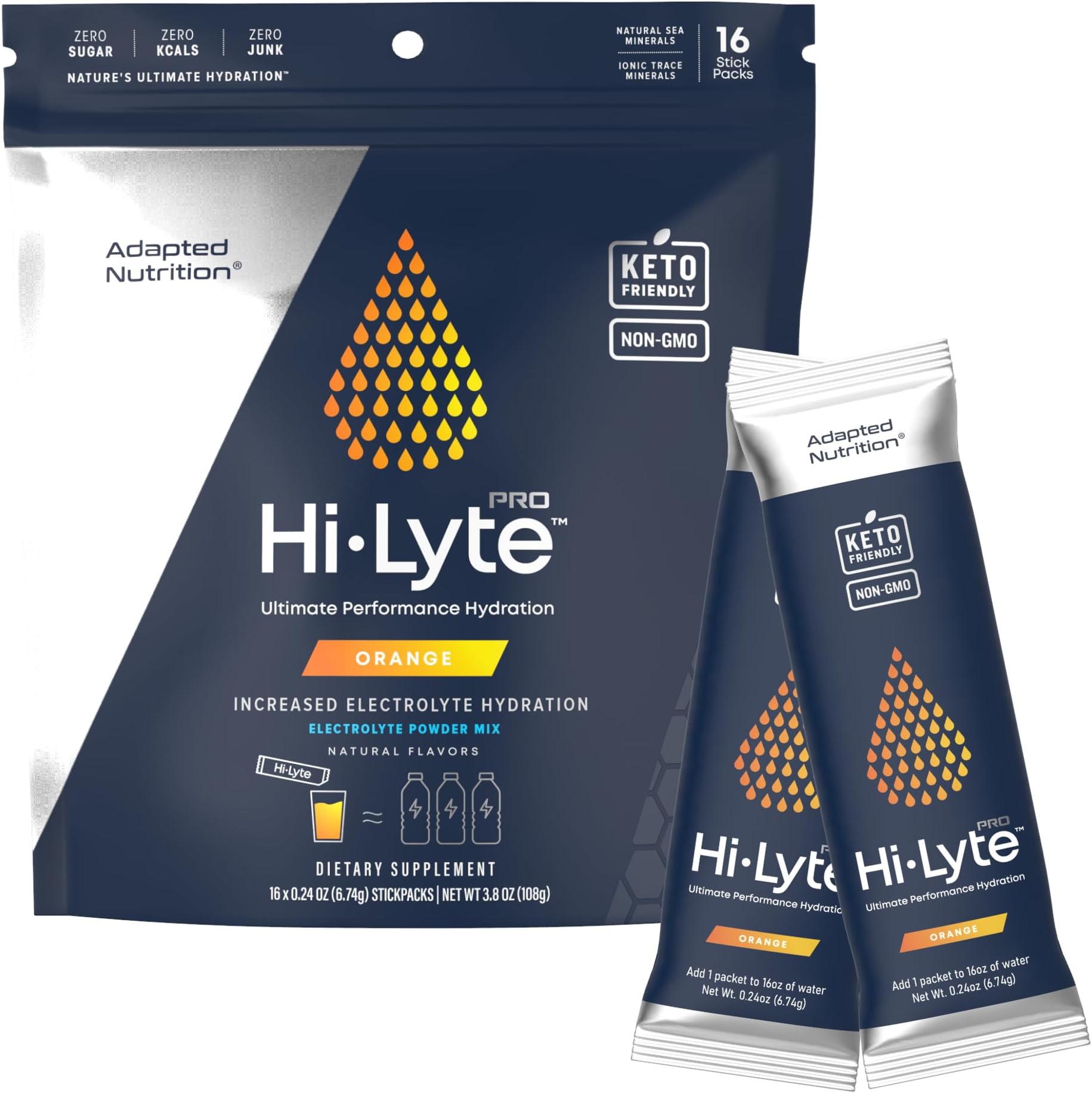 Hi-Lyte Pro Hydration Packets - 16 Individual Sachets | Orange | Flavored Electrolyte Powder | Sugar Free, Zero Carb, Zero Calorie