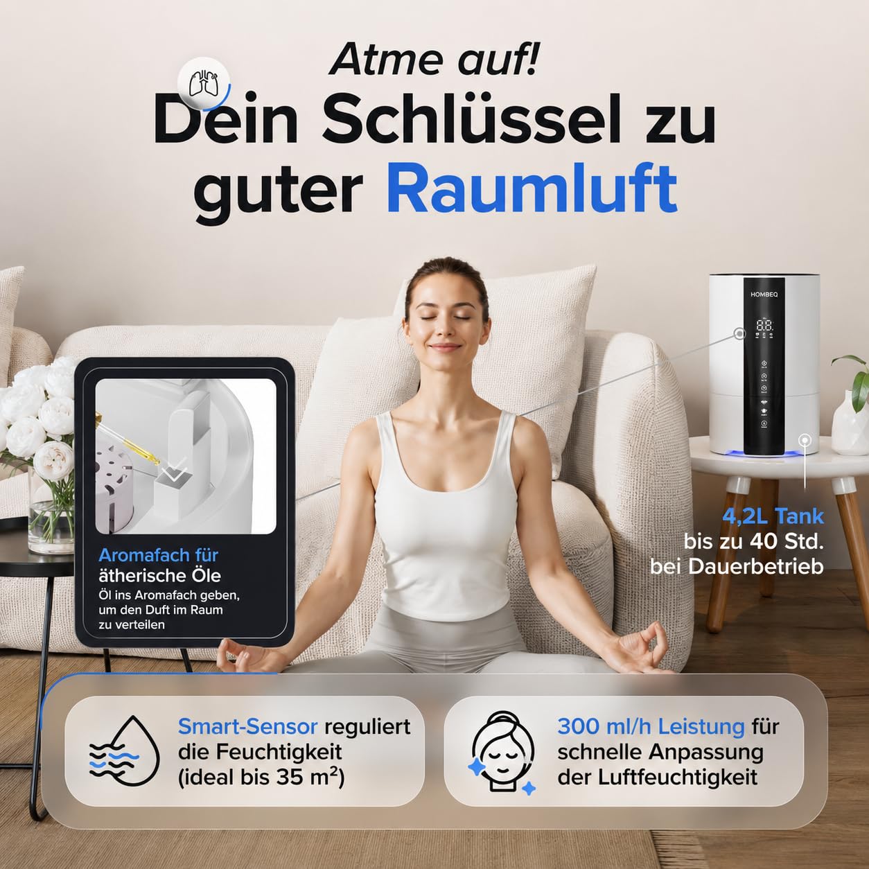Luftbefeuchter Schlafzimmer 4,2L mit Feuchtigkeitssensor & Auto-Modus, Top-Fill Humidifier mit Aroma Diffuser, 360° Doppeldüse, Sleep-Modus & Timer, Raumbefeuchter für Wohnzimmer & Pflanzen