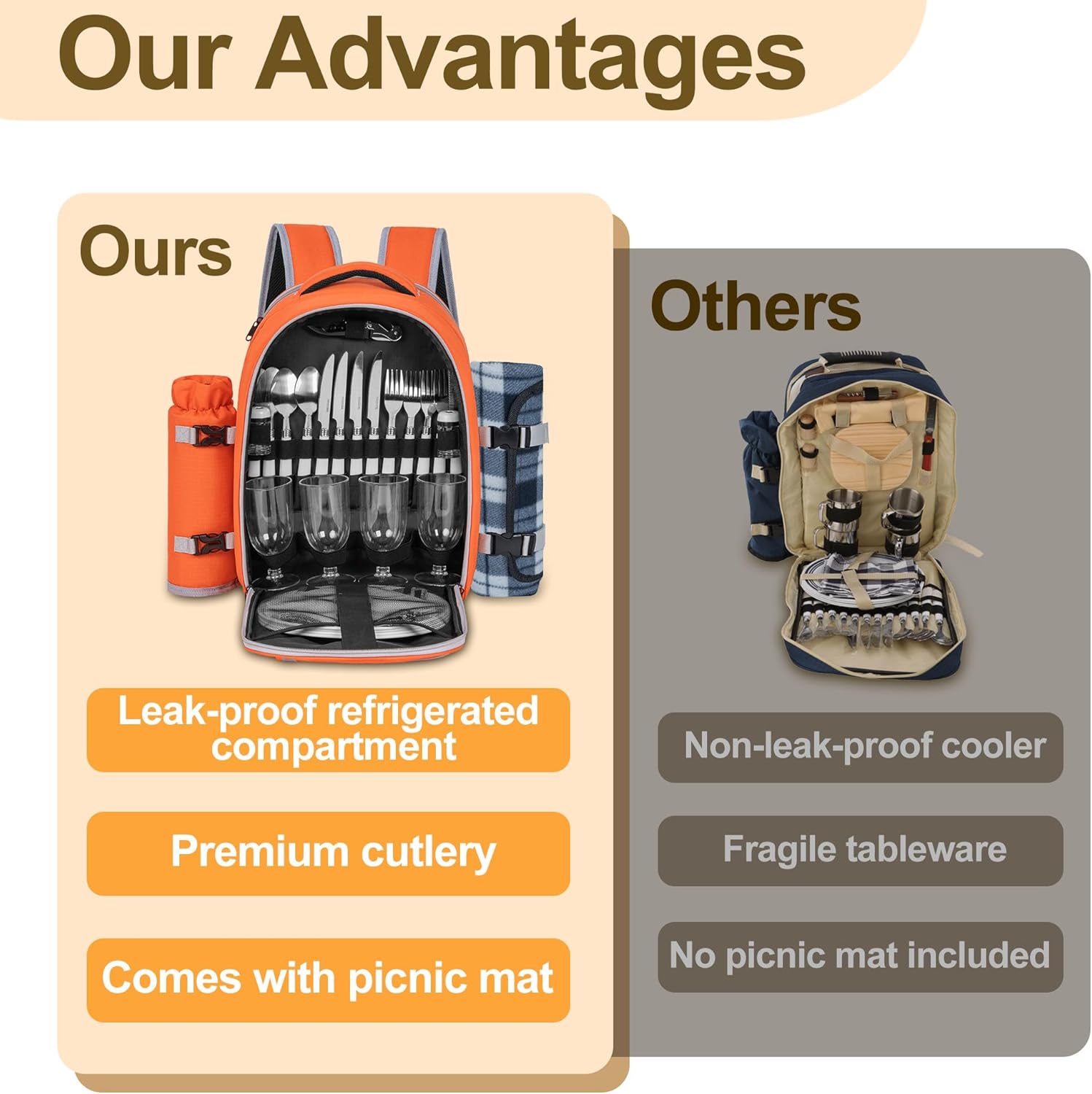 Picnic Backpack for 4 Persons with Insulated Leakproof Cooler Compartment, Cutlery Sets, Wine Holder, Fleece Blanket, Wedding Gifts for Couples, Perfect for Beach, Camping, Hiking, Orange