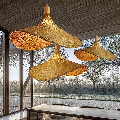 Miniatura 7 de CSSYKV Lámpara de araña de mimbre tejida a mano creativa para colgar en el techo, lámpara colgante de bambú tejida a mano, lámpara colgante de bambú