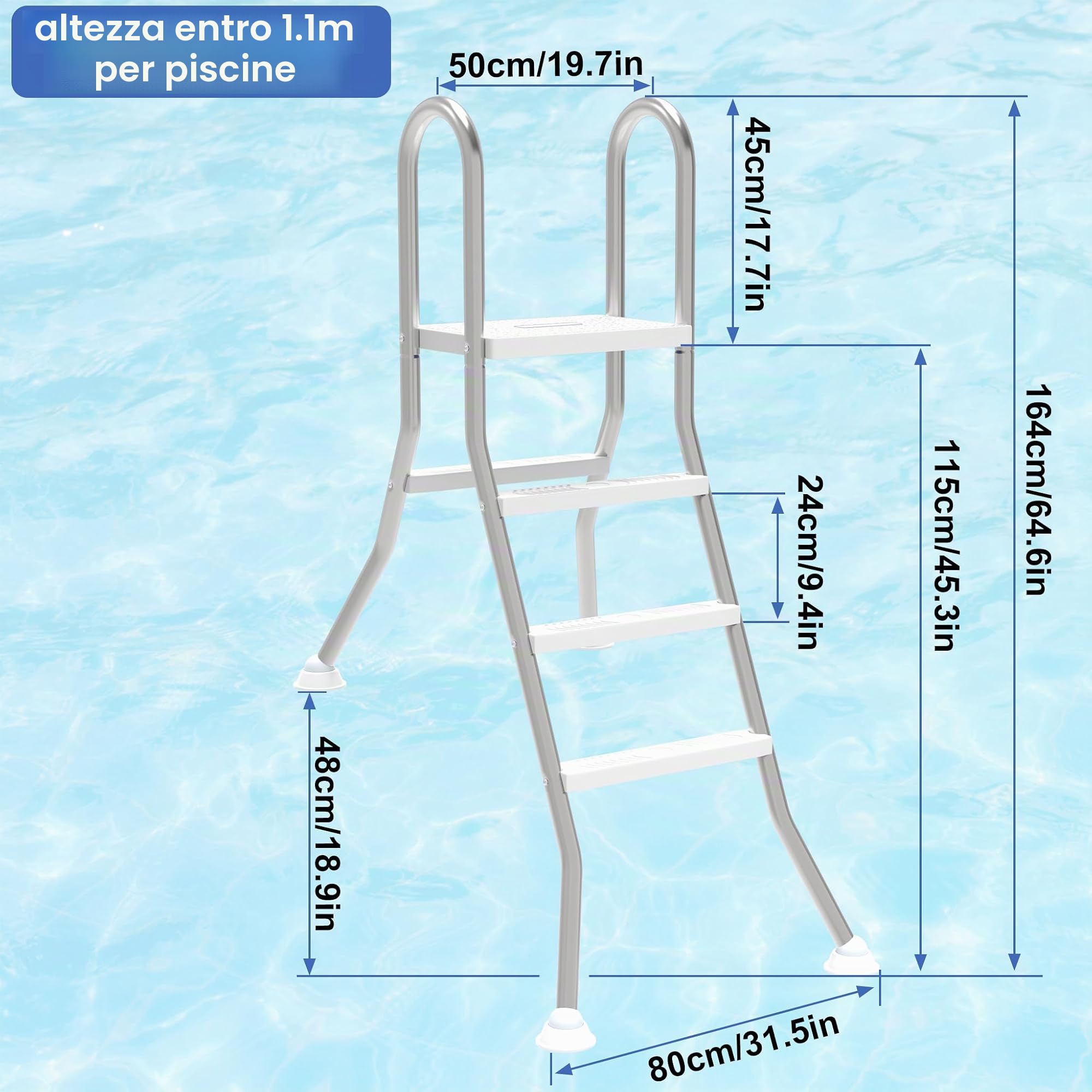 Scaletta per piscina a 3 gradini in acciaio inossidabile 304, antiscivolo, scala mobile per l'ingresso in piscina per piscine parzialmente interrate fino a 115 cm di profondità