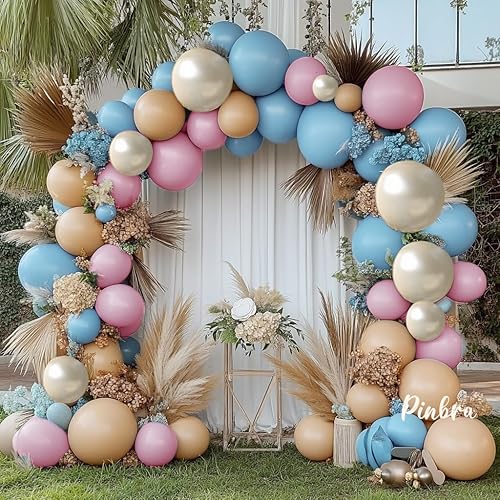 Miniatura 6 de Guirnalda de globos de color marrón rosa polvoriento, color azul y rosa, doble relleno, globos de arena blanca tostada, kit de arco de látex pastel