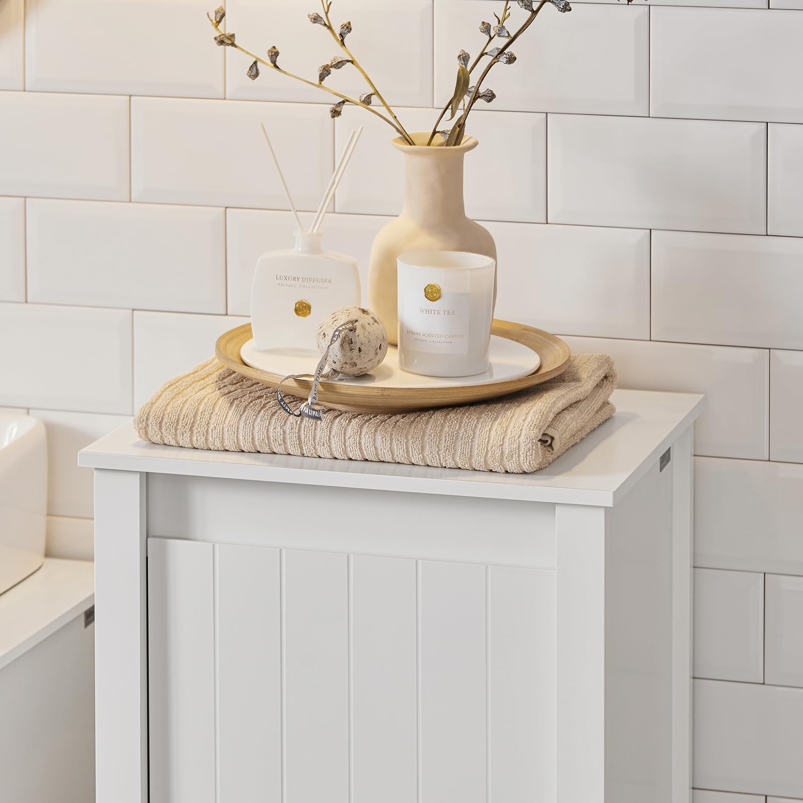 SoBuy Mueble Ropa Sucia baño con Saco abatible – Armario con Asas de Transporte y Almacenamiento – Mueble de baño Resistente a la Humedad para Espacios pequeños, Blanco 45x85,5x35cm BZR100-W