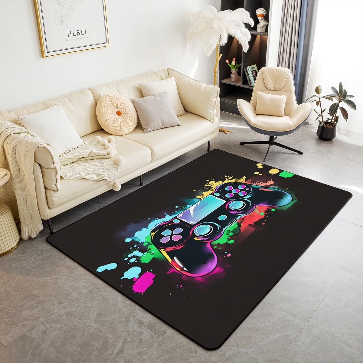 Loussiesd Dywan do salonu dla graczy, 100 x 150 cm, gamingowy dywan akcentujący dla chłopców, dziewcząt, nastolatków, nowoczesny kontroler konsoli do gier, wewnętrzna mata podłogowa, joystick, węgiel,