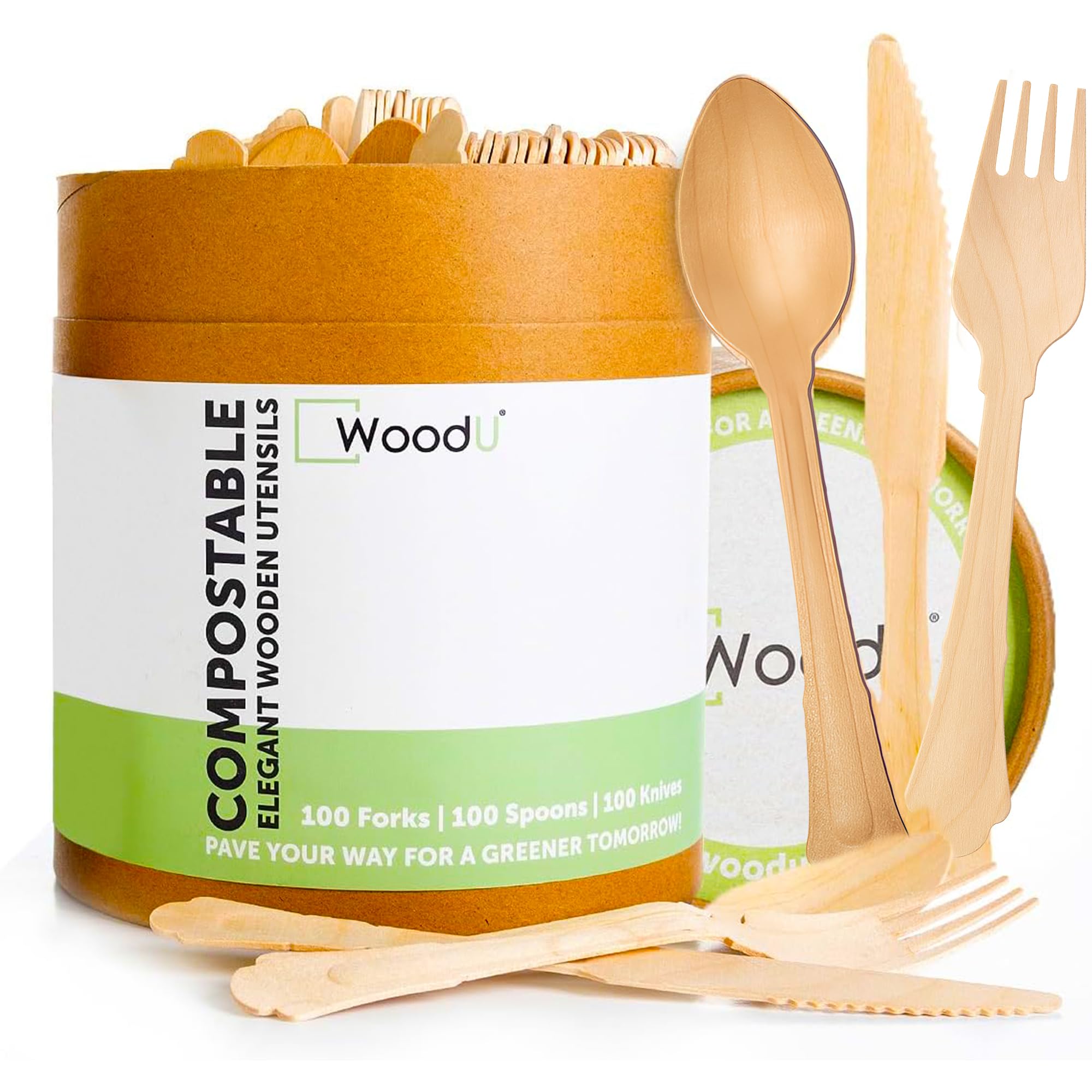 WoodU Elegant Wooden Disposable Utensils Eco-Friendly Biodegradable & Compostable Flatware for Special Events (300 Cutlery)