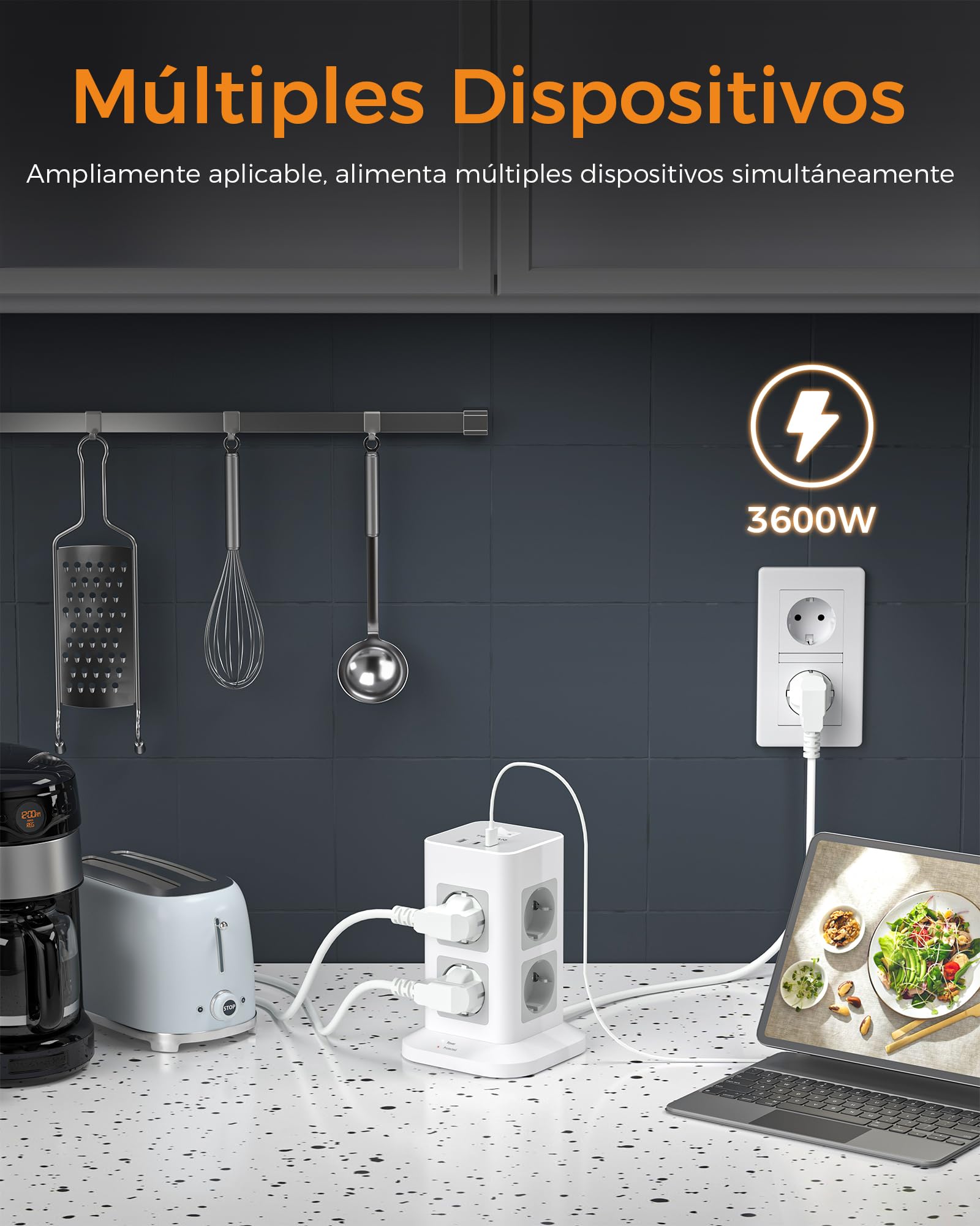 TESSAN Regletas Enchufes Proteccion Sobretension 8 Tomas con 1 USB A y 2 USB C, Torre Regleta Vertical con Interruptor, Alargador Enchufe 2 Metros, Torre Multiple 3600W para Mesa, Oficina, Casa — view 6