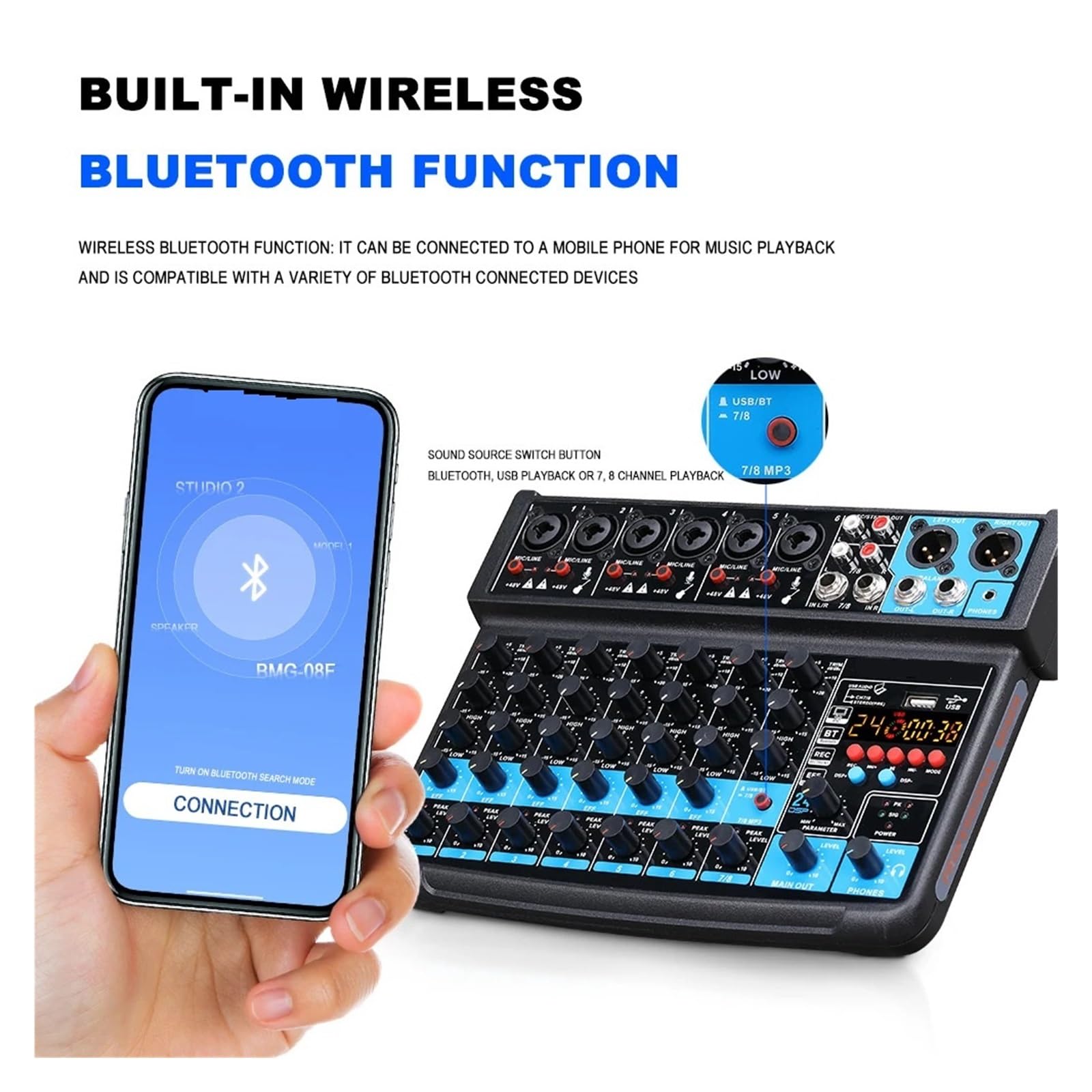 Mixer Audio Mini Mixer A 8 Canali, DC 5 V, Bluetooth, 48 V, 24 Effetti For Piccoli Club O Bar, Registrazione In Studio(Black)