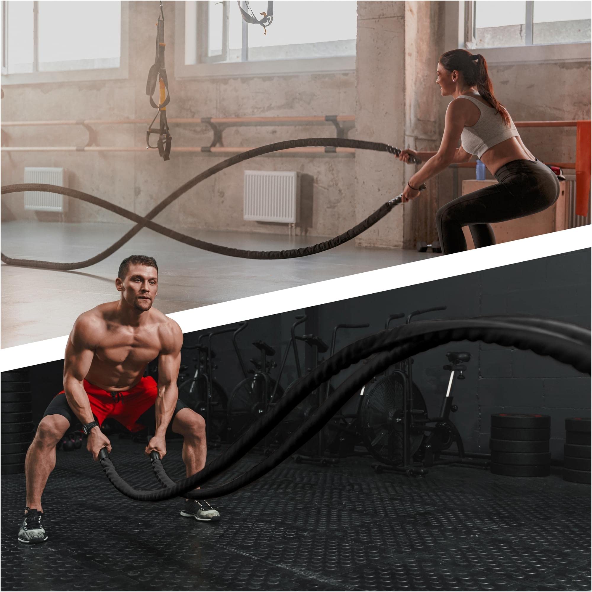 Gorilla Sports® Battle Rope - Longueur 9/12/15 m, Diamètre 38mm/50mm, avec Fixation Mural, en Nylon, Noir - Corde de Bataille, de Combat, Ondulatoire pour Entraînement, Sport, Fitness et Musculation