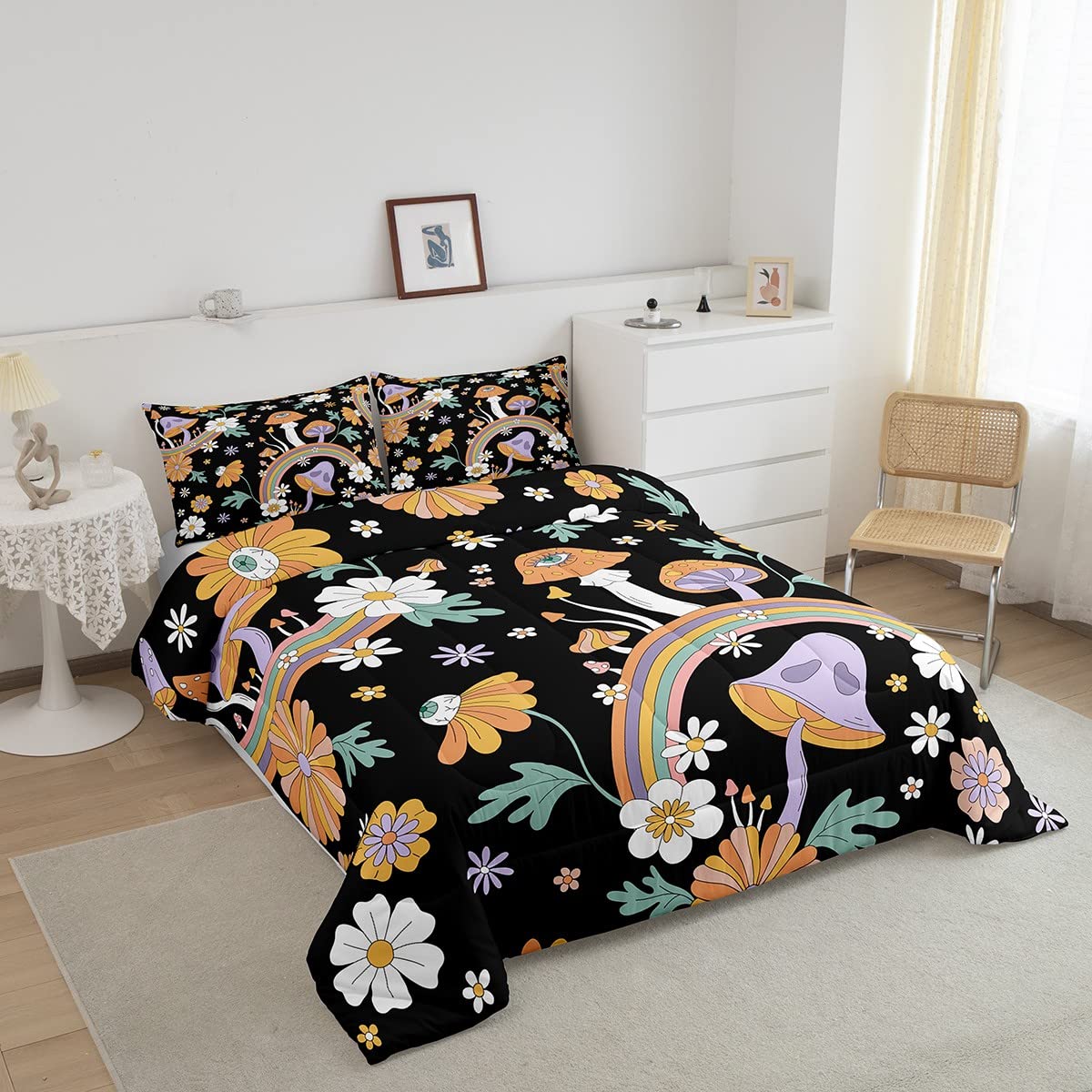 Erosebridal Trippy Mushroom Twin Comforter Groovy Floral Bedding Sets & Collections Cute Rainbow Bedding Two Groovy Party Boho Hippie Mushroom Down Comforter Retro Party Decorations Duvet Set