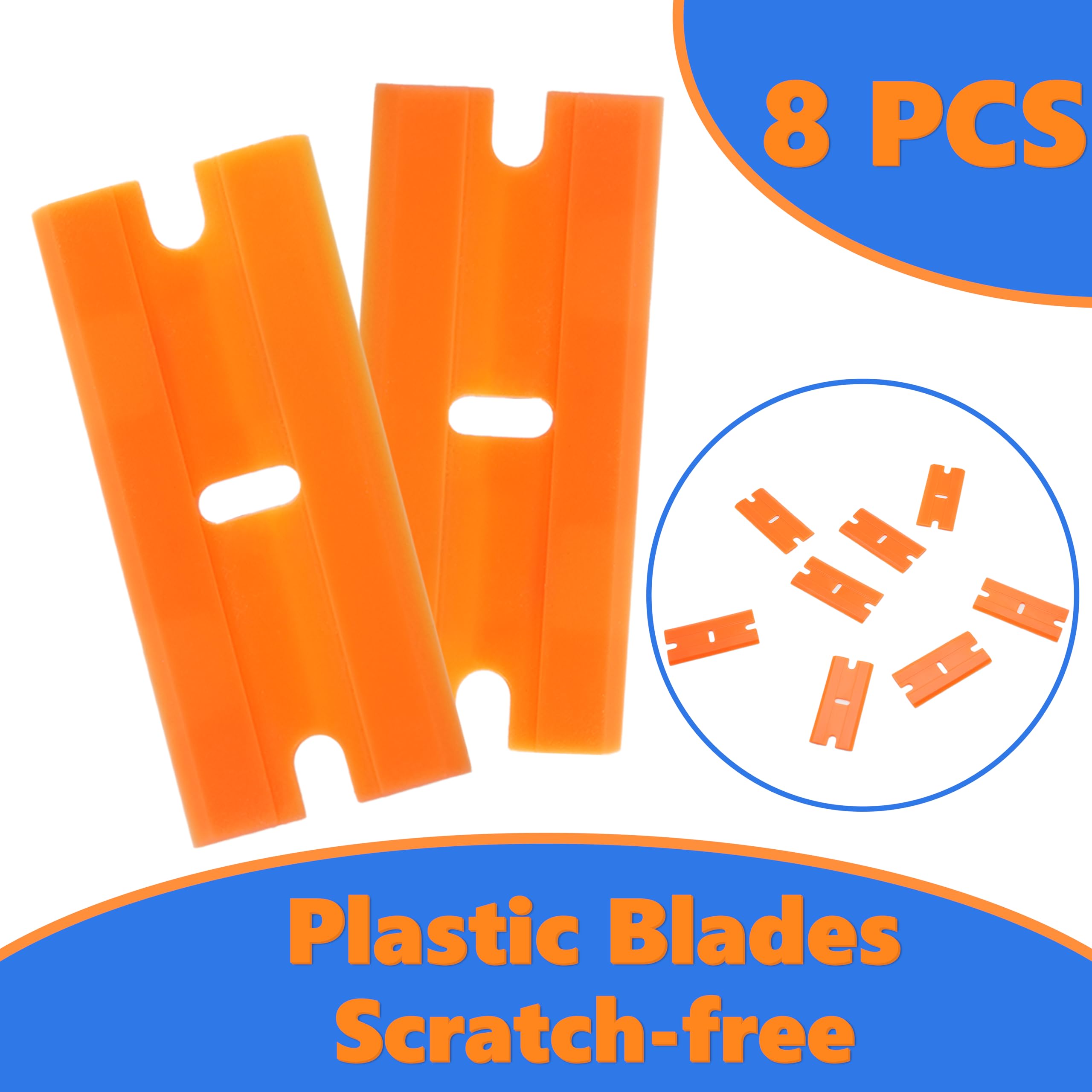 2 Pack Non-Scratch Plastic Scrapers, 8 Replacement Razor Blades, House & Car Cleaning Tool for Glass, Cooktop, Oven, Stove, Remove Stain, Paint, Glue (orange blue) — Amazon image 2