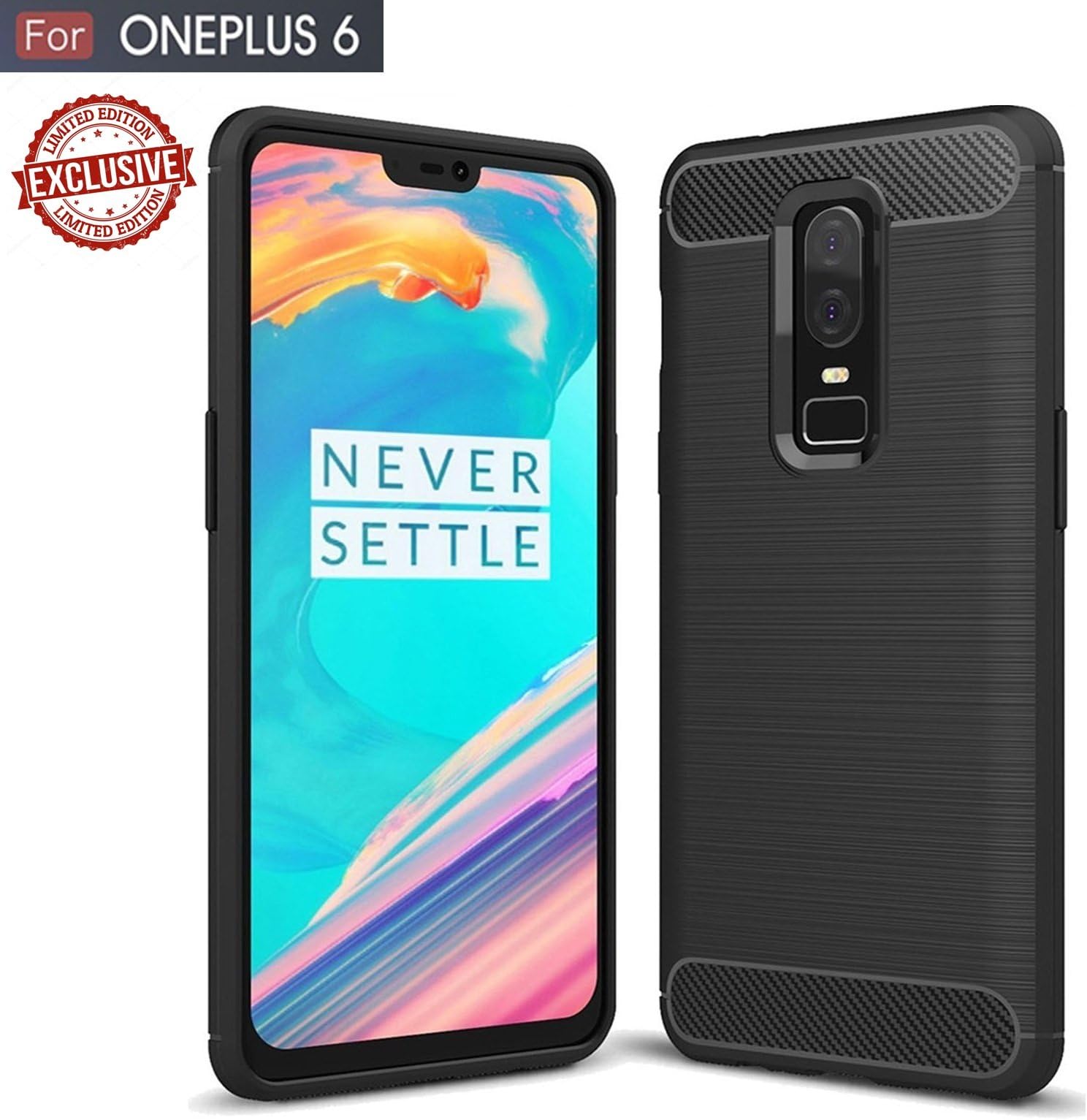 YCNEX OnePlus 6 Brushed Carbon Fibre Texture Back with Air Cushion Technology Armor TPU Military Grade Case Cover for One Plus 6(Black)
