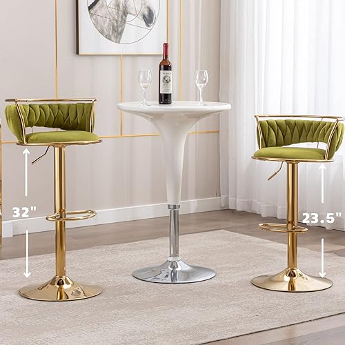 Miniatura 3 de HEAH-YO Juego de 2 taburetes de bar tejidos, taburetes de bar ajustables con respaldo y base dorada maciza, taburetes de cocina giratorios de