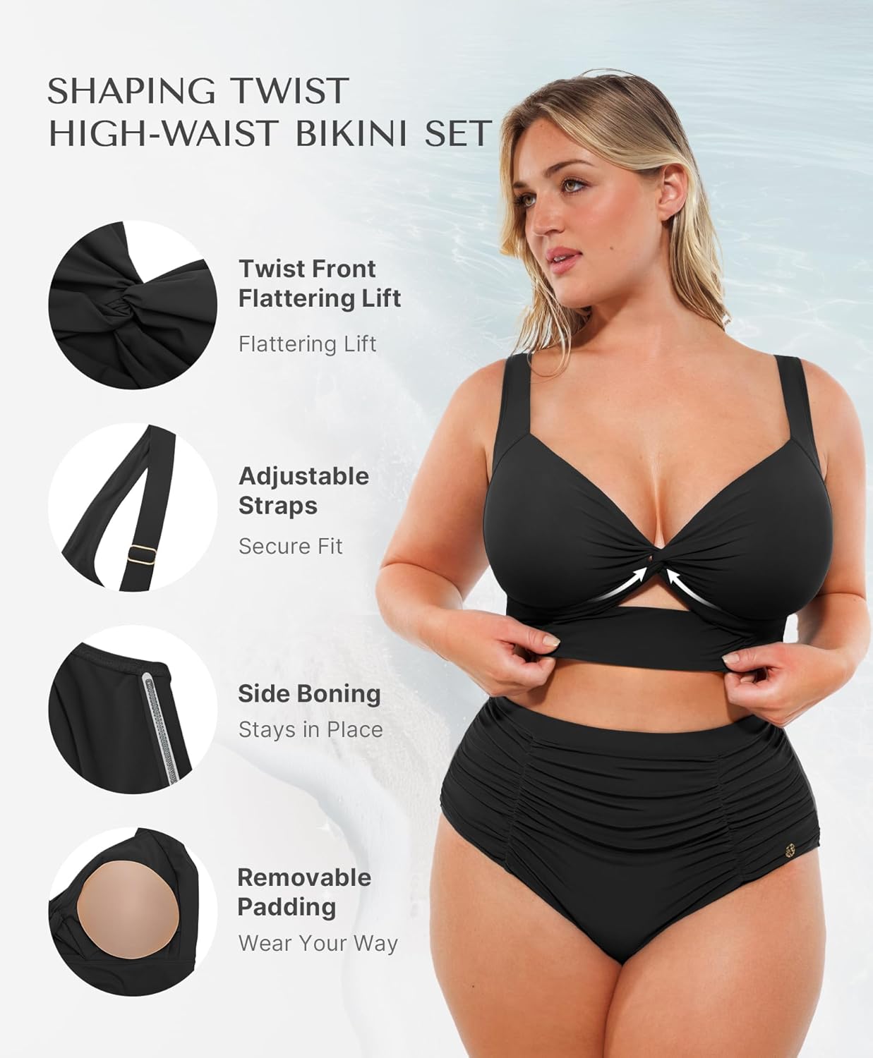 SHAPELLX High Waisted Bikini Tummy Control Two Piece Swimsuits for Women Ruched Bathing Suit Twist Front Bikini Sets - Image 3