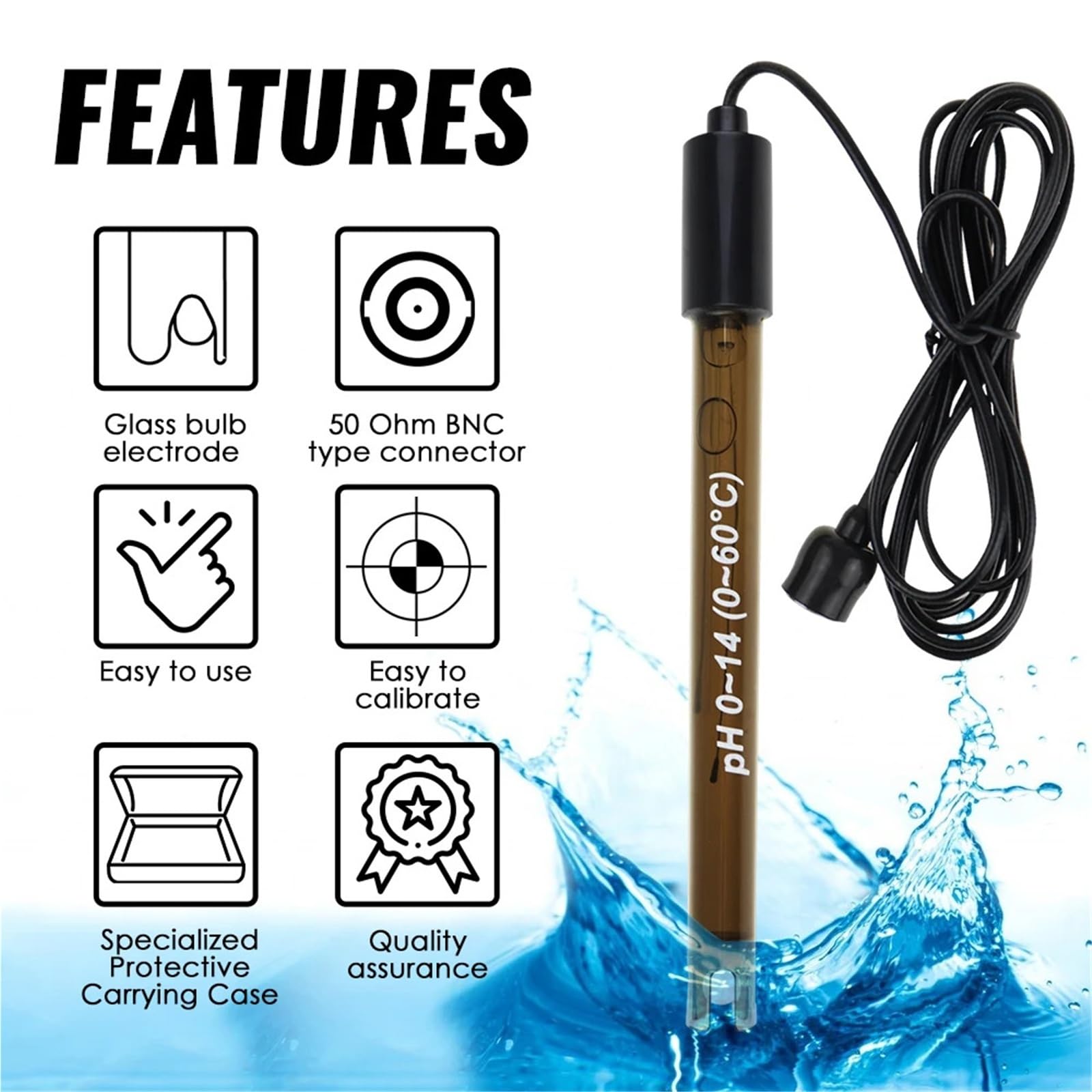 Sonda de pH for piscinas con conector BNC de 50 ohmios, cable de 200 cm, for hidroponía y acuarios. Incluye sonda for medir el pH del agua.,Análisis confiable