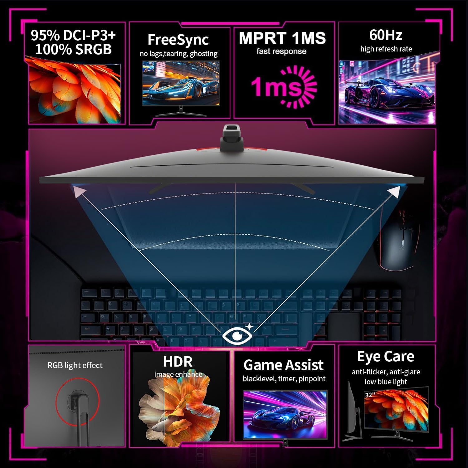 ZZA Display curvo 4K UHD 60Hz 32" (curva 3000R, pannello VA, 99% sRGB, AMD FreeSync), monitor per computer con porte HDMI/DP, supporto VESA, per home office e intrattenimento