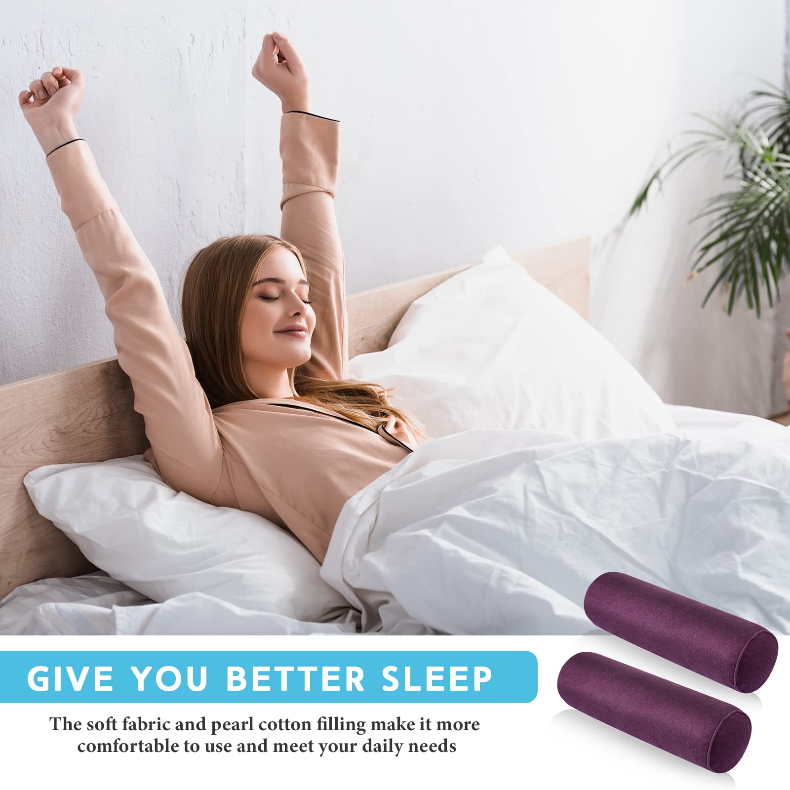 BBTO 2 Pcs 16 x 4 Inch Round Neck Pillow Roll Cylinder Bolster Pillow Pearl Cotton Pillow with Removable Washable Cover Ergonomically Designed for Head Neck Back Legs Sleeping (Dark Purple)