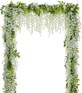 Lvydec White Artificial Wisteria Garland 4 Pack 28.8ft Silk Hanging Flowers for Wedding Arch Home Garden Outdoor Decor