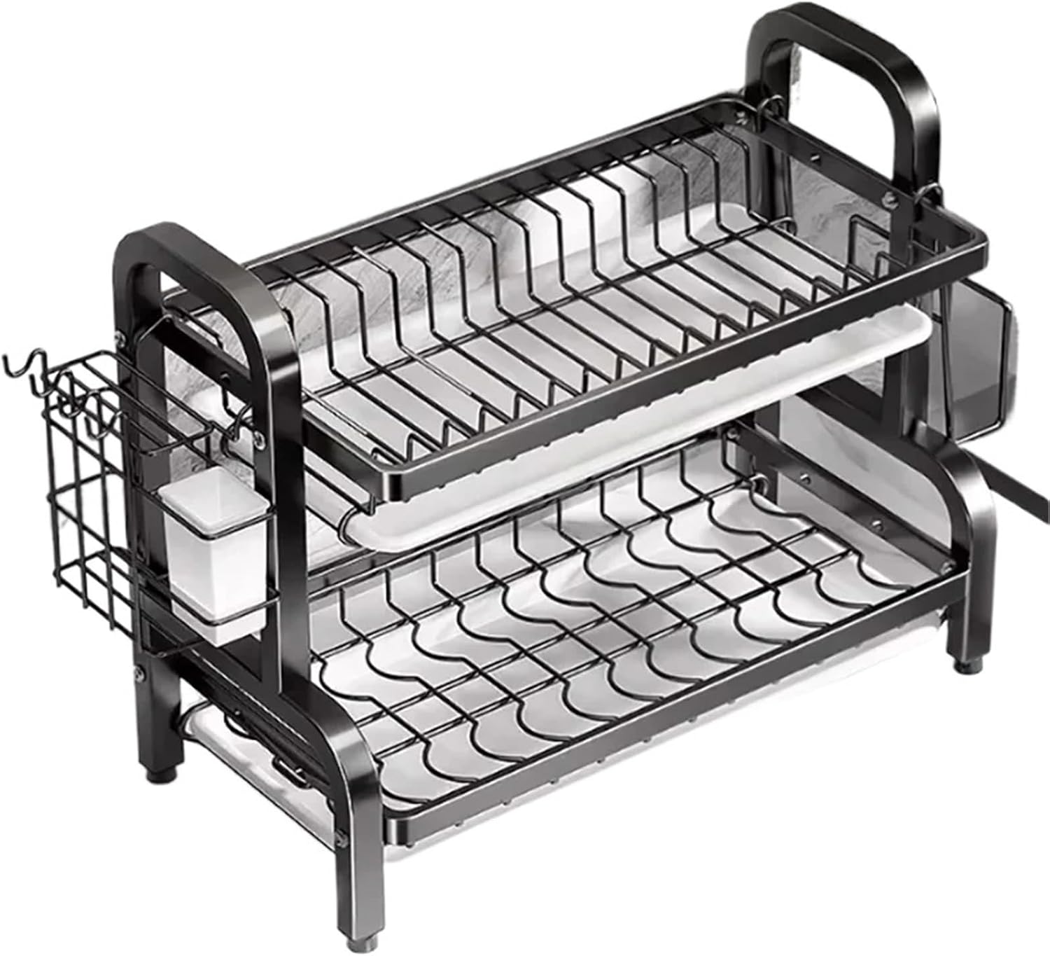 2 Tier Stainless Steel Dish Drying Rack with Drainboard Utensil Holder Compact Rust Proof Kitchen Storage(Black-F)