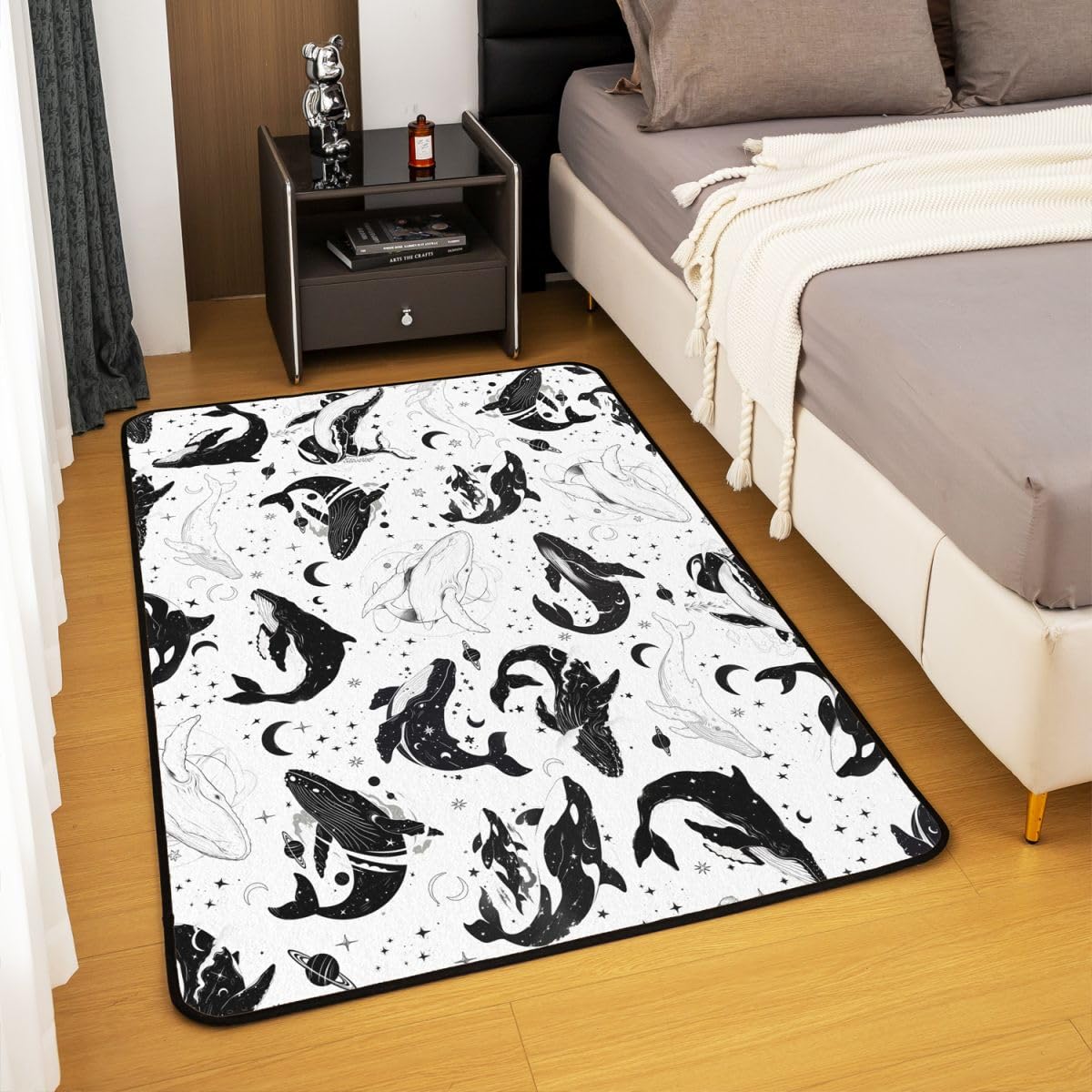 Manfei Wal Bereich Teppiche,Boho Sterne Mond Rutschfester Teppich Hand gezeichnet Sealife Indoor Fußbodenmatte Home Wohnzimmer Dekor,100 x 150 cm