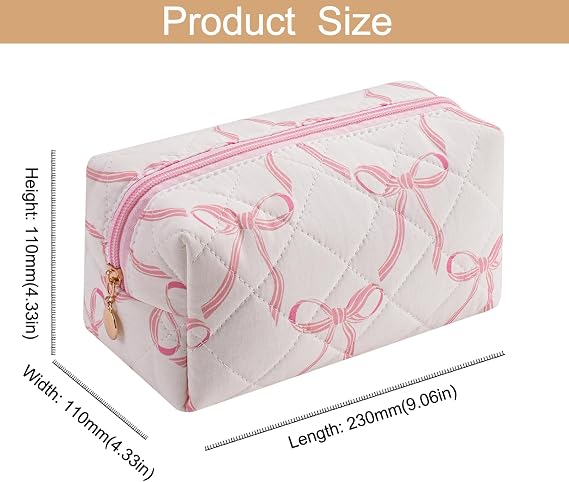 Quilted Cotton Makeup Bag Travel Cosmetic Bag for Women Girls, Zipper Make Up Pouch, Bow Pattern Toiletry Organizer Makeup, Portable Storage Bag (Pink/Whtie Bowknot)