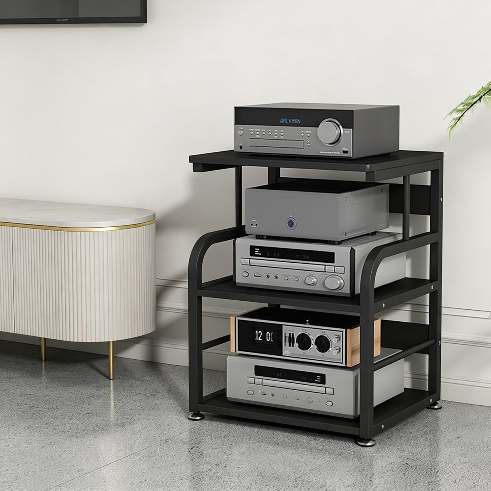Mueble HiFi antivibración de acero y madera con pies amortiguadores en color negro