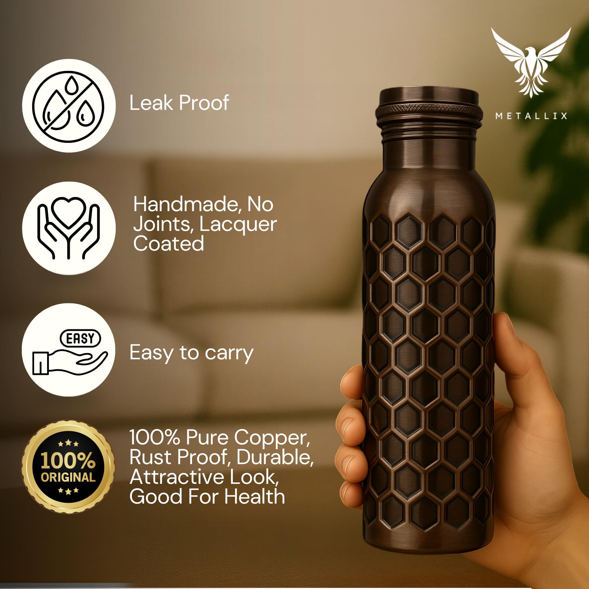 Metallix Copper Water Bottle - 1L Pure Copper -5