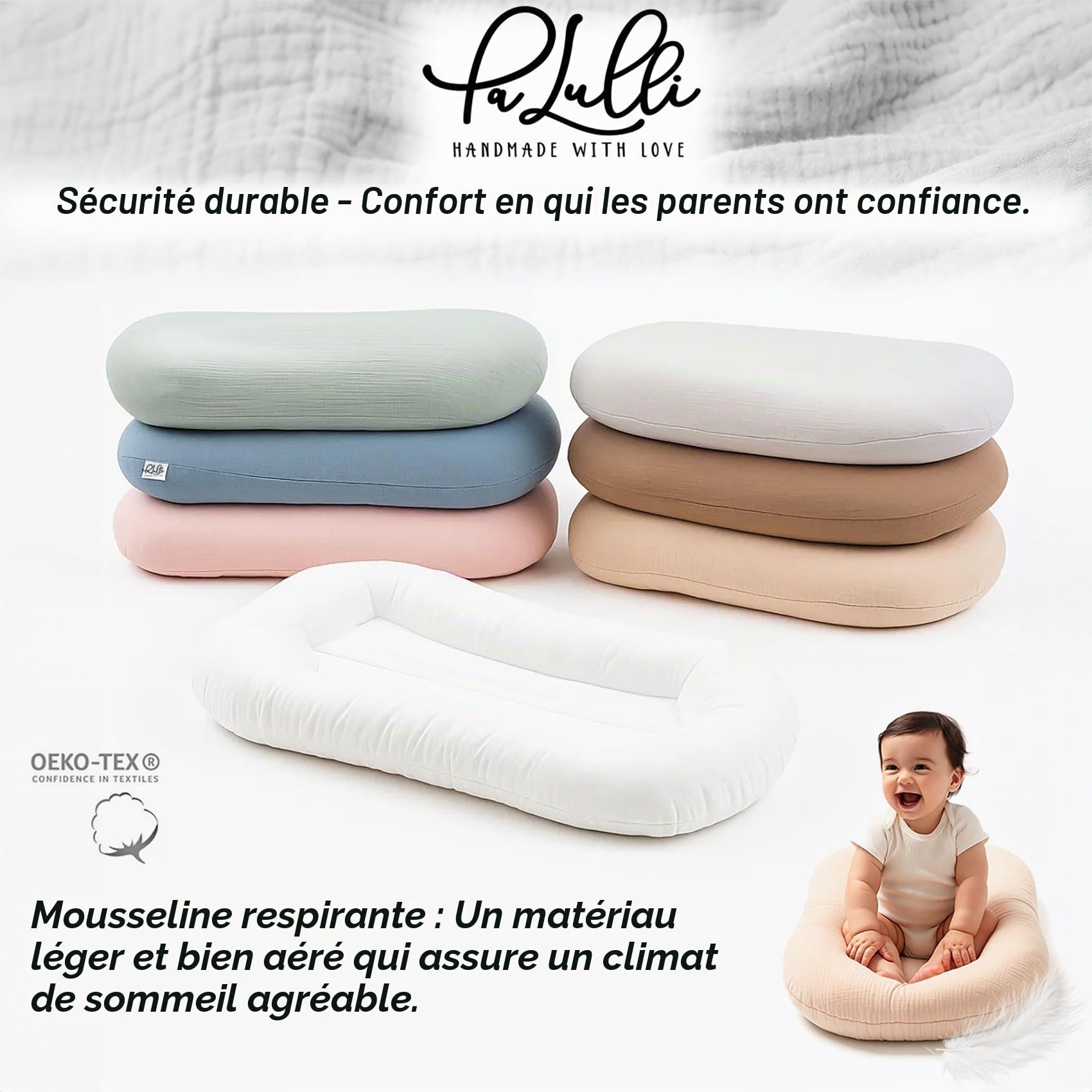 PaLulli® LuliNest - Nid pour bébé en coton bio avec housse amovible - Cocon douillet pour nouveau-né et nourrissons - Sûr, confortable et facile d'entretien
