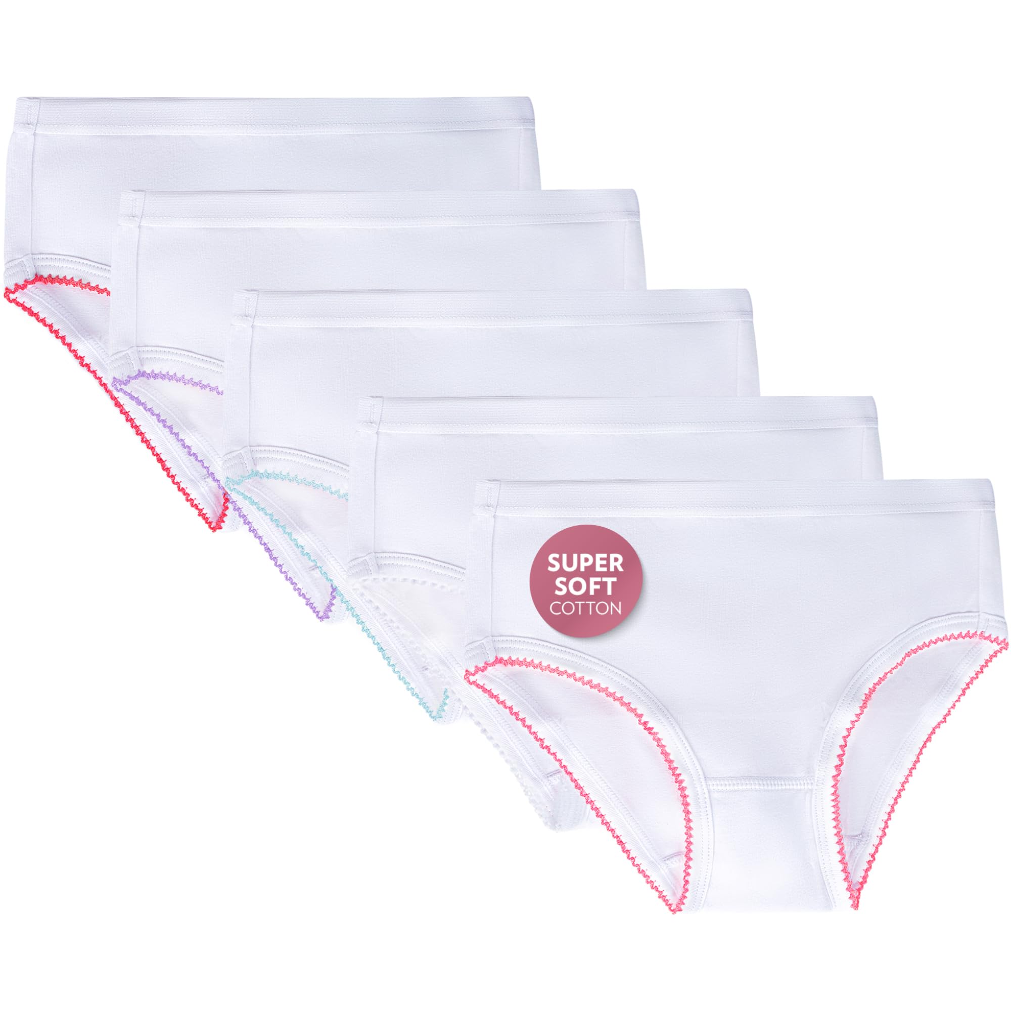 Feathers Solid White Snug Tagless Super Soft Cotton Underwear - Girls Underwear Briefs Panties 5-Pack Multicolor