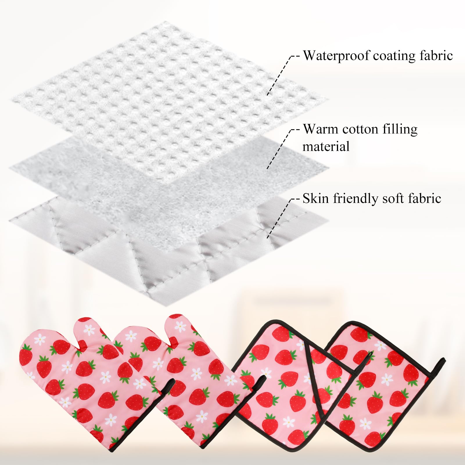 PSC - Juego de 4 manoplas de horno de fresa, decoración de accesorios de cocina de fresa, resistentes al calor para cocinar, hornear, asar a la parrilla y microondas