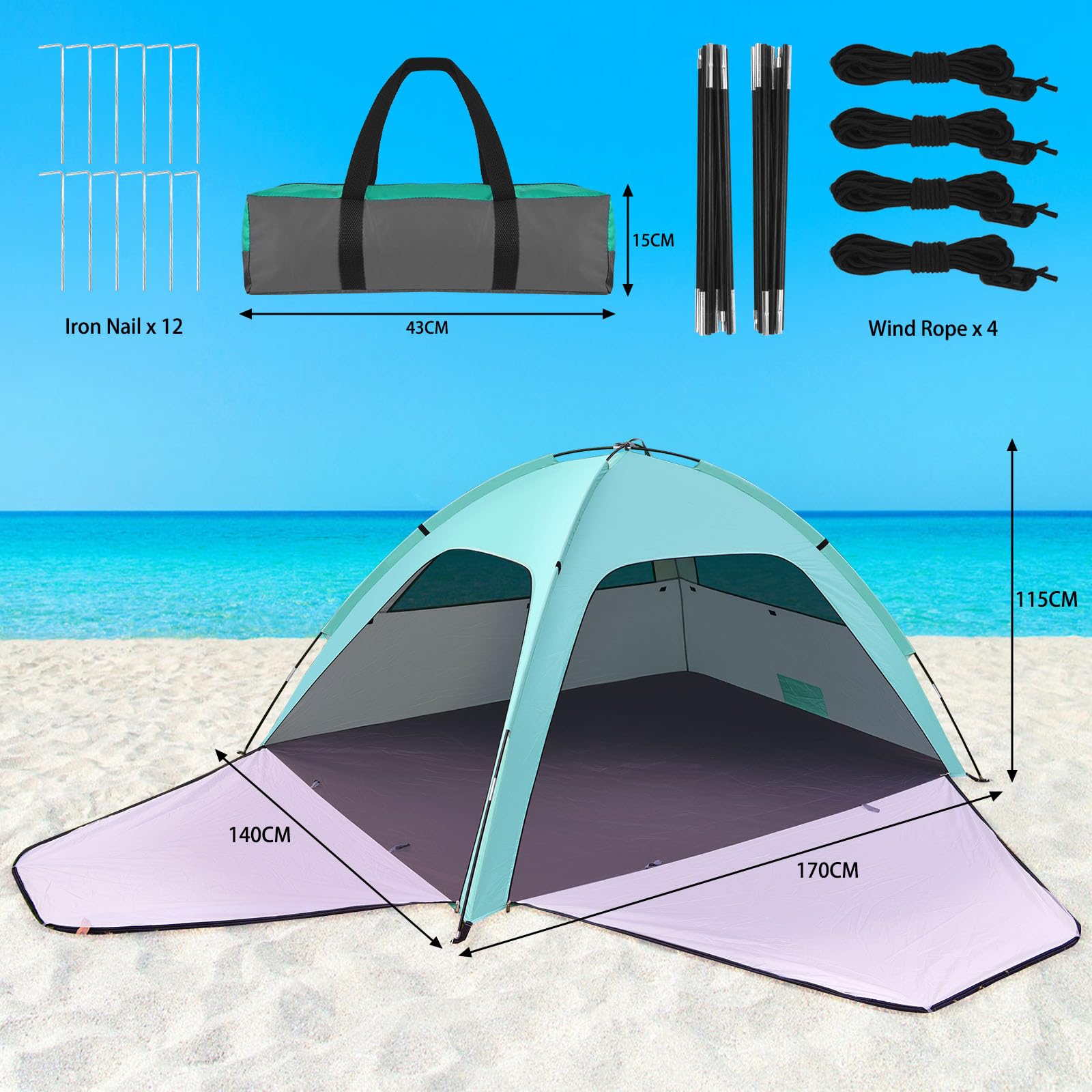 Tienda de Playa para 1-3 Personas, Tienda de Sombra para la Playa Protección UV 80+, Tienda de Campaña con Dos Puertas con Cremallera y Dos Ventanas de Red, Adecuada para Uso Familiar