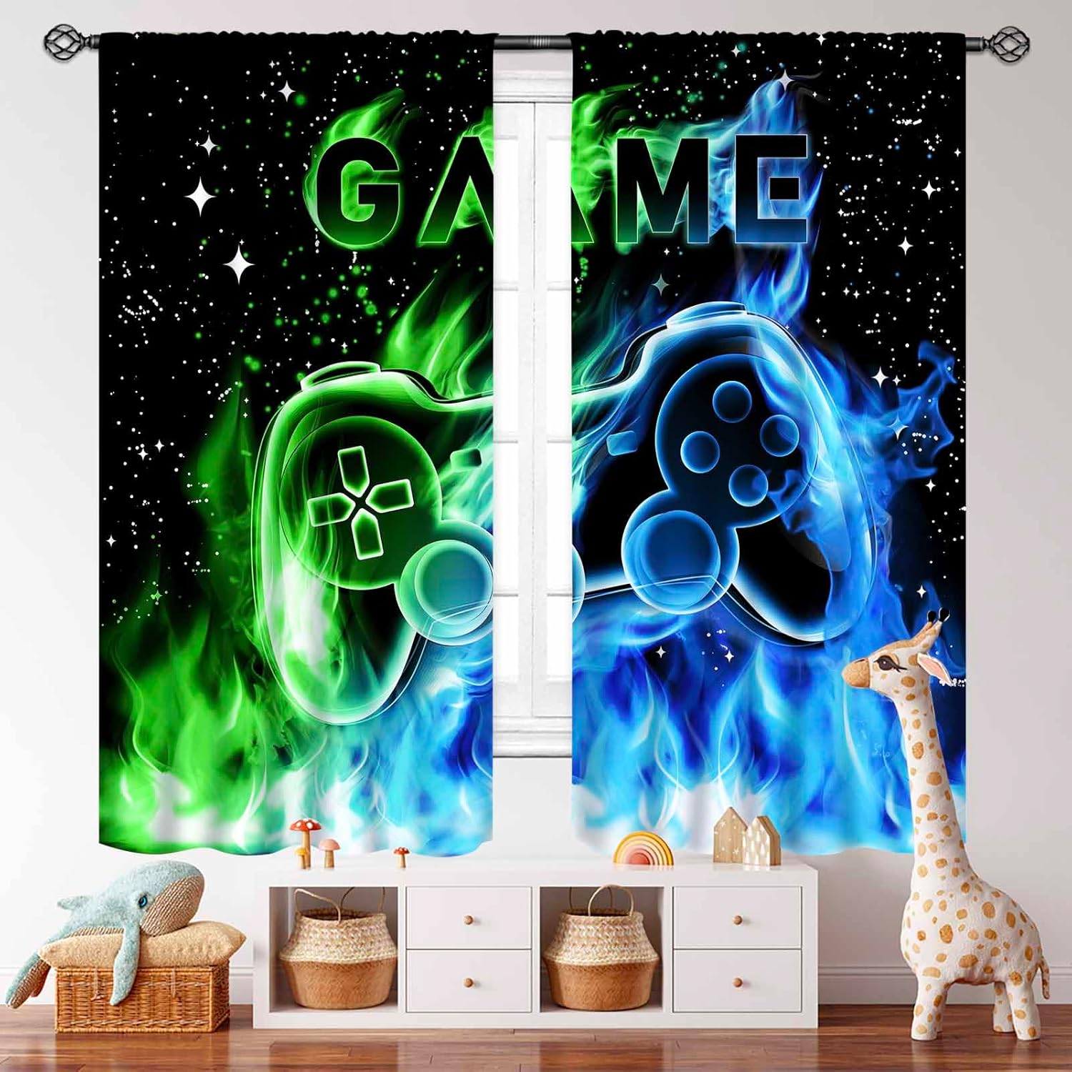 Gamer Curtains for Boys Room,Blue Flame Video Gamer for Boys Kids Teen Bedroom Window Treatment,Outer Space Gaming Game Controller Nursery Living Room Drapes 2 Panel Sets,55X63 Inch