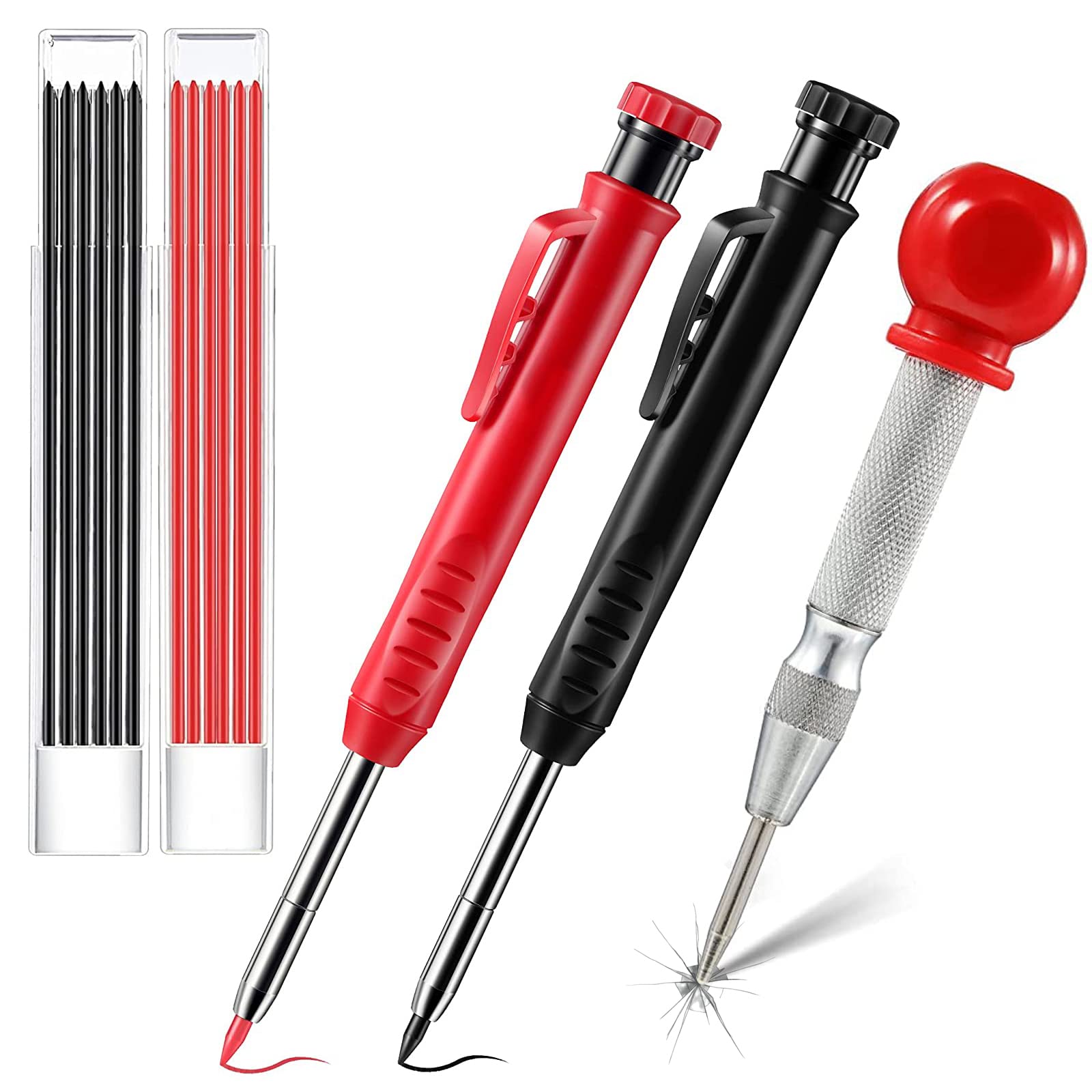 2 Colours Tracer Pencil with Built-in Sharpener, 12 Refill, a center punch for Carpenter Scriber Woodworking Architect Builders（Red, Black