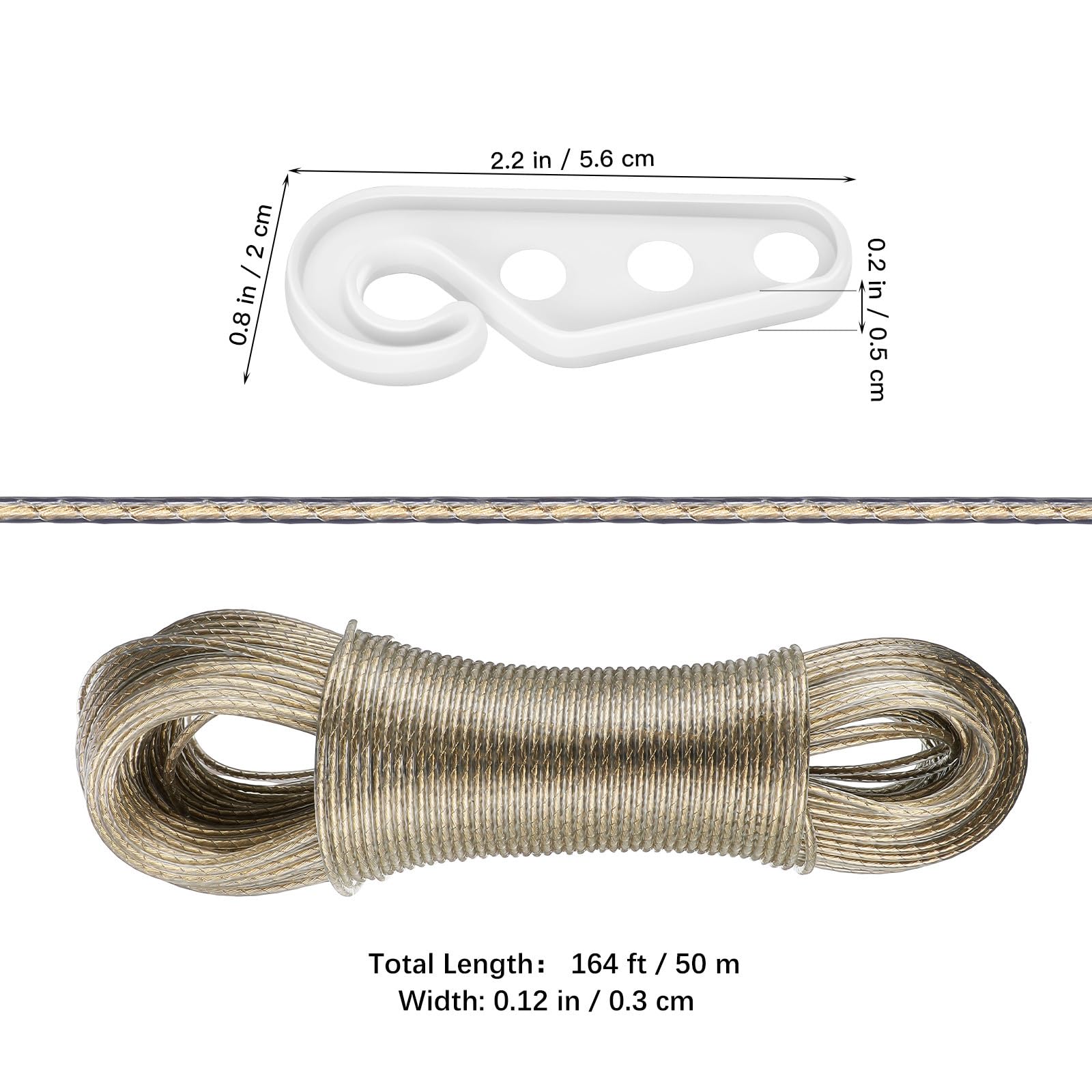 CALLARON Corda Stendibiancheria da 50m Super Resistente Anima in Acciaio, Rivestimento in Pvc, Antivento e Resistente All'usura per Viaggi e Uso Esterno