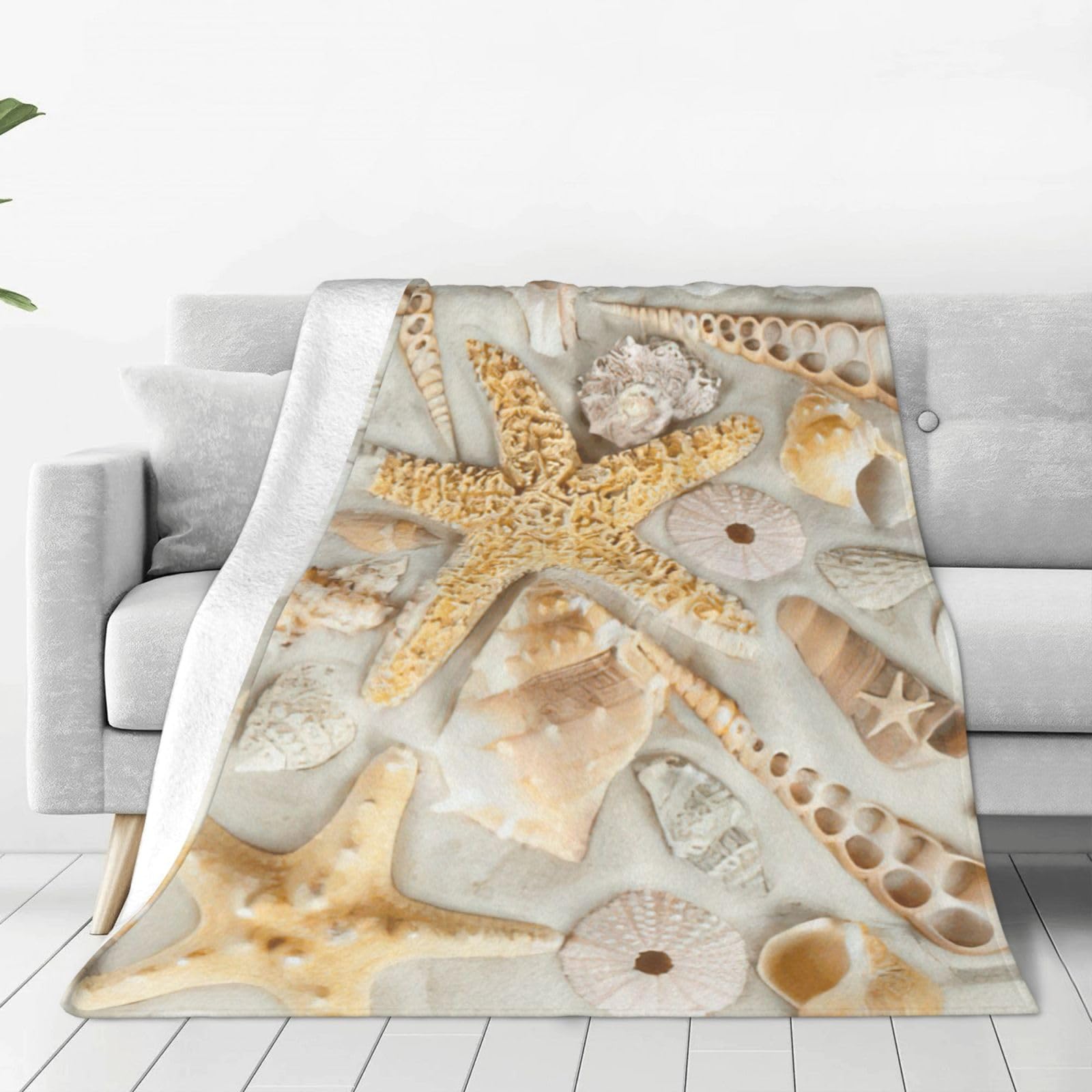 Couverture polaire plaid flanelle motif plage de sable et coquillages