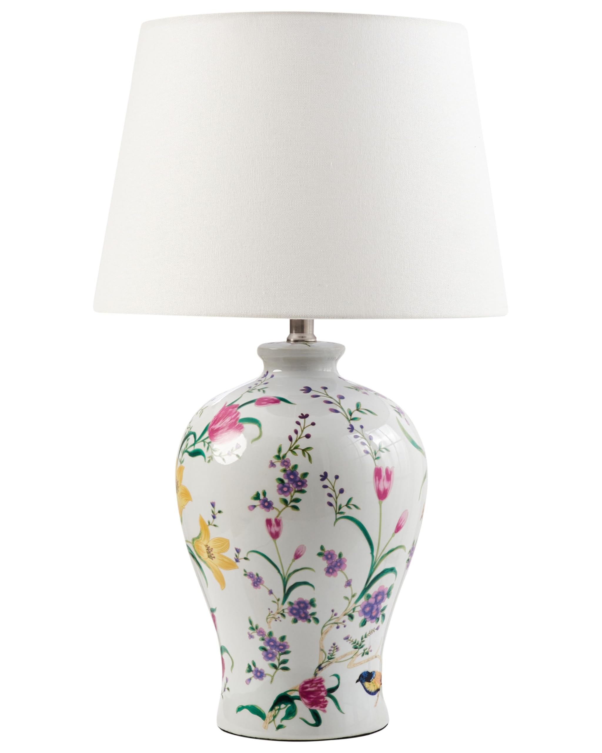 Stylish Table Lamp with a Floral Patten Porcelain Base Linen Drum Shade Lighting White Febros