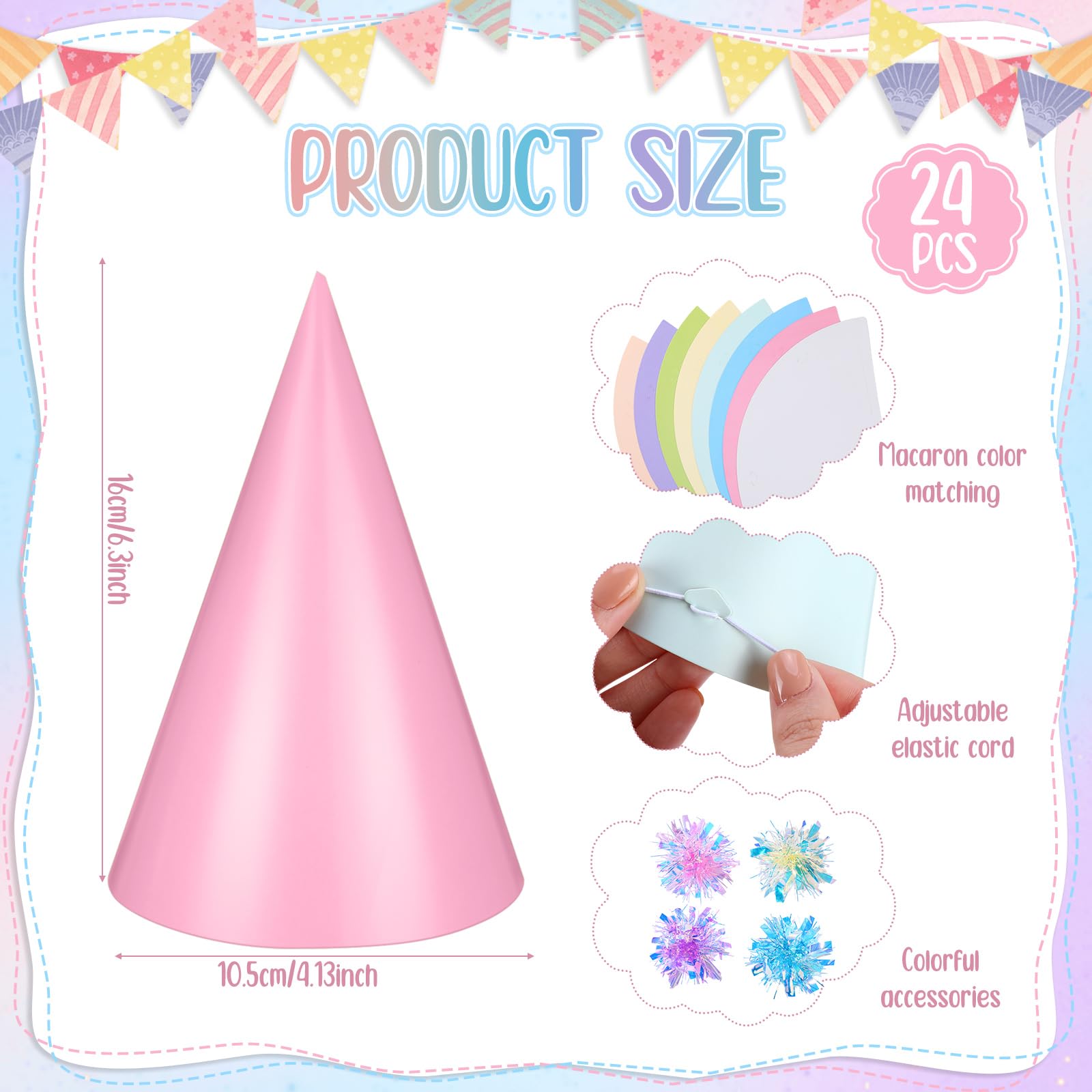 Soulchen Pastel Rainbow Birthday Party Hats Macaron DIY Paper Cone Hats with Elastic String Rainbow Party Headwear