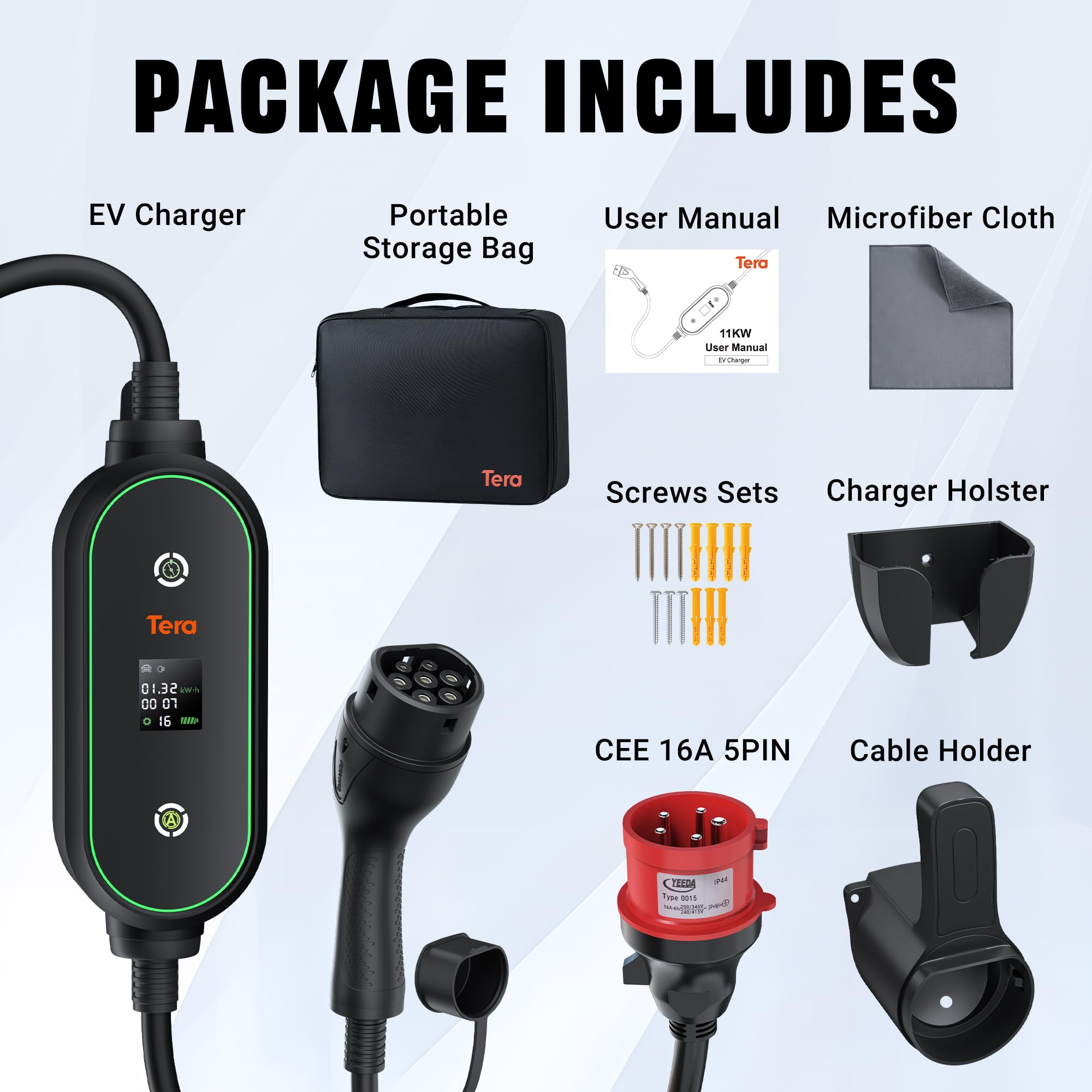 Tera Mobile Wallbox Typ-2 tragbar: 11kW 3-Phasig 6-16A 7,5m Ladekabel CEE 5 Pin EV Ladegerät 0,5-5h verzögertes Laden Einstellbarer Ladeleistung Ladegerätehalter für Elektroauto P03