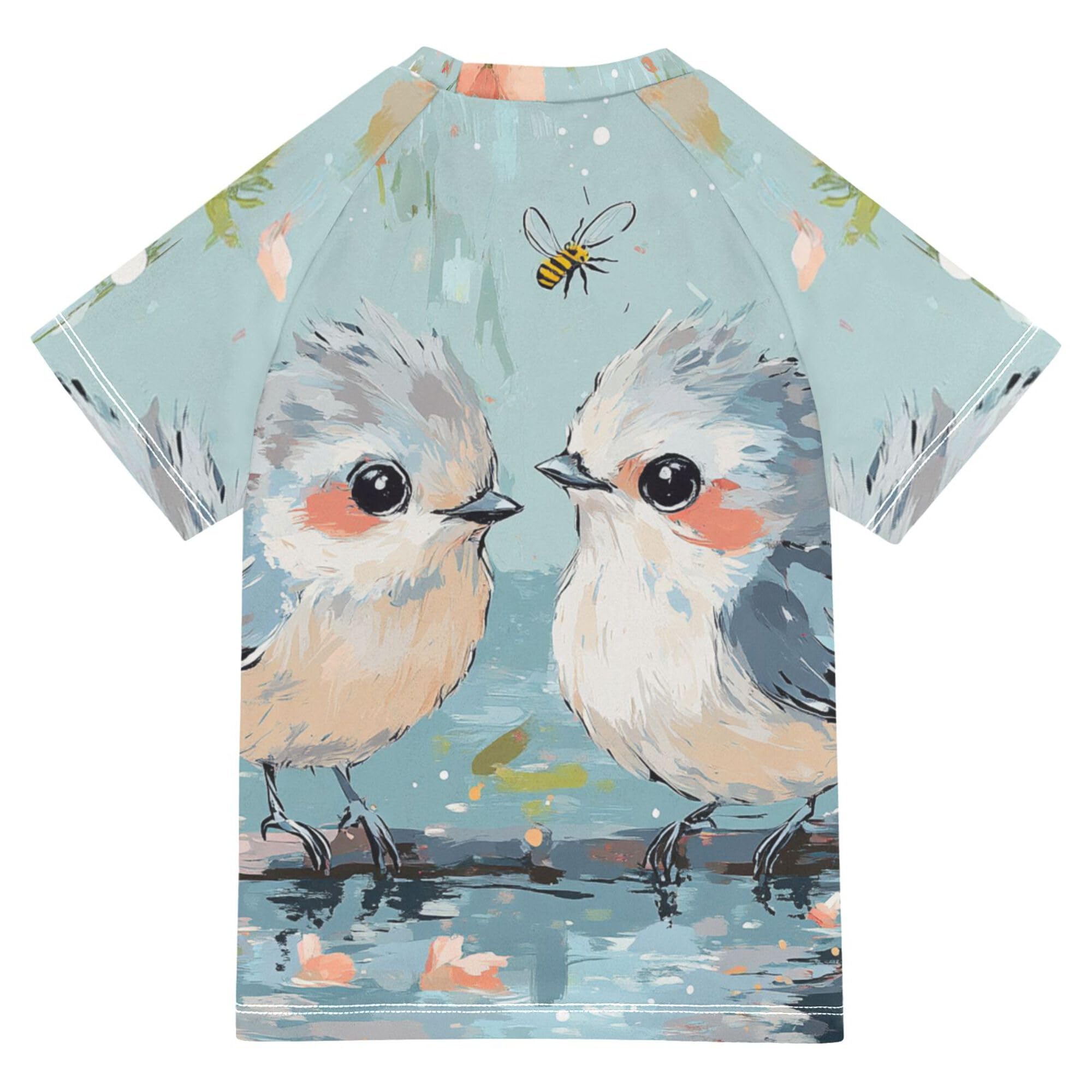 Cute Tufted Titmouse Birds A River Bathing Suit Kids Short Sleeves Rash Guard Boys Swimwears Shirts for Big Boys 11-12Y